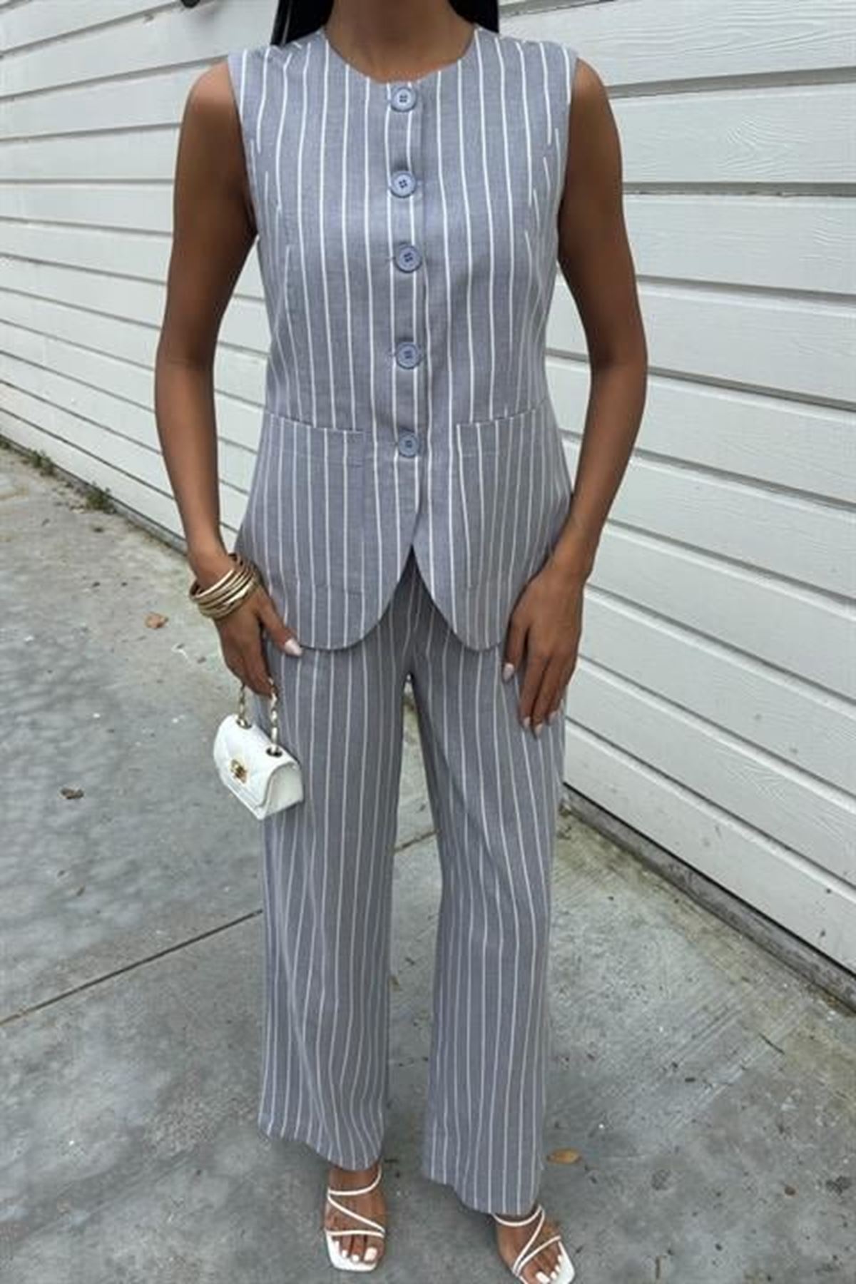 Çizgili Viscon Keten Yelekli Rahat Takım 10121