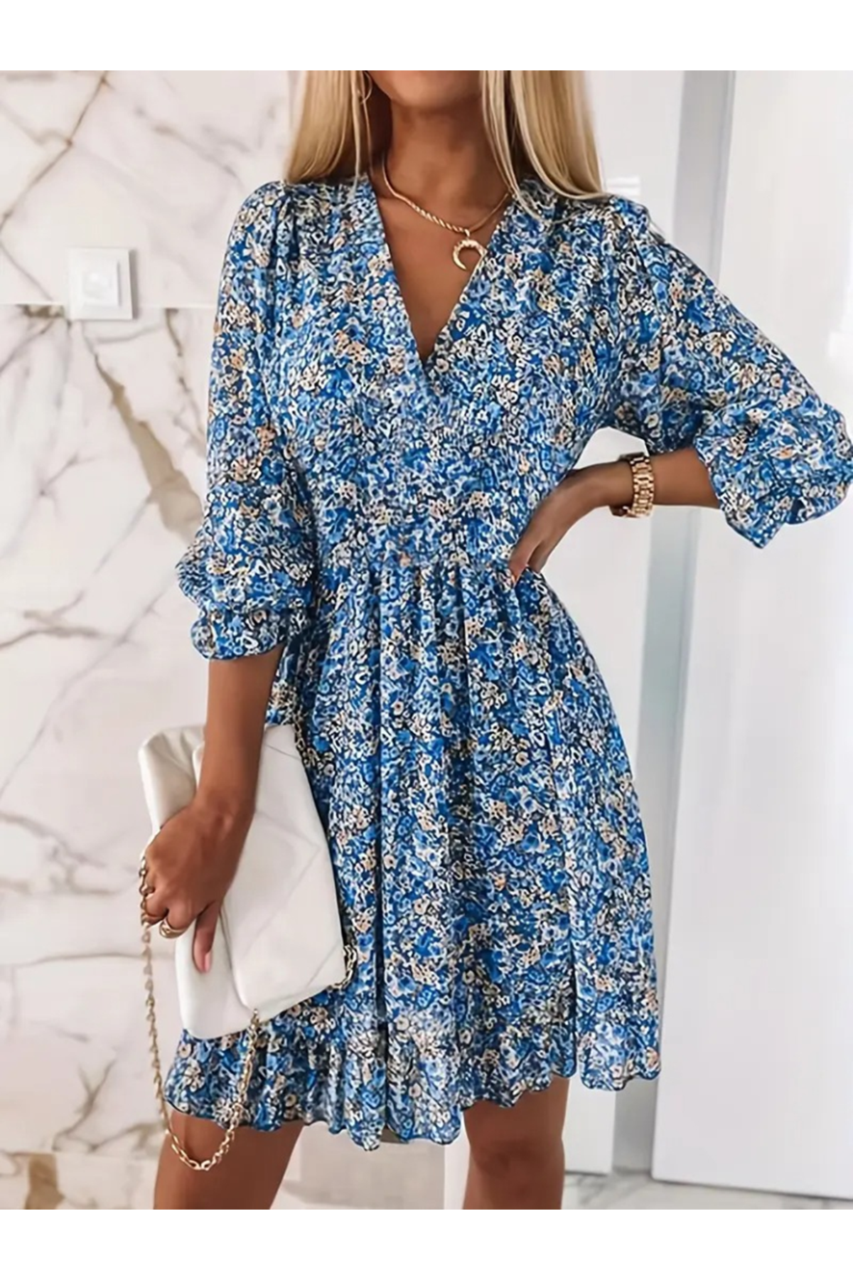 Kadın Truvakarkol Kruvaze Yakalı Beli Lastikli çiçek Desenli Süprem Elbise