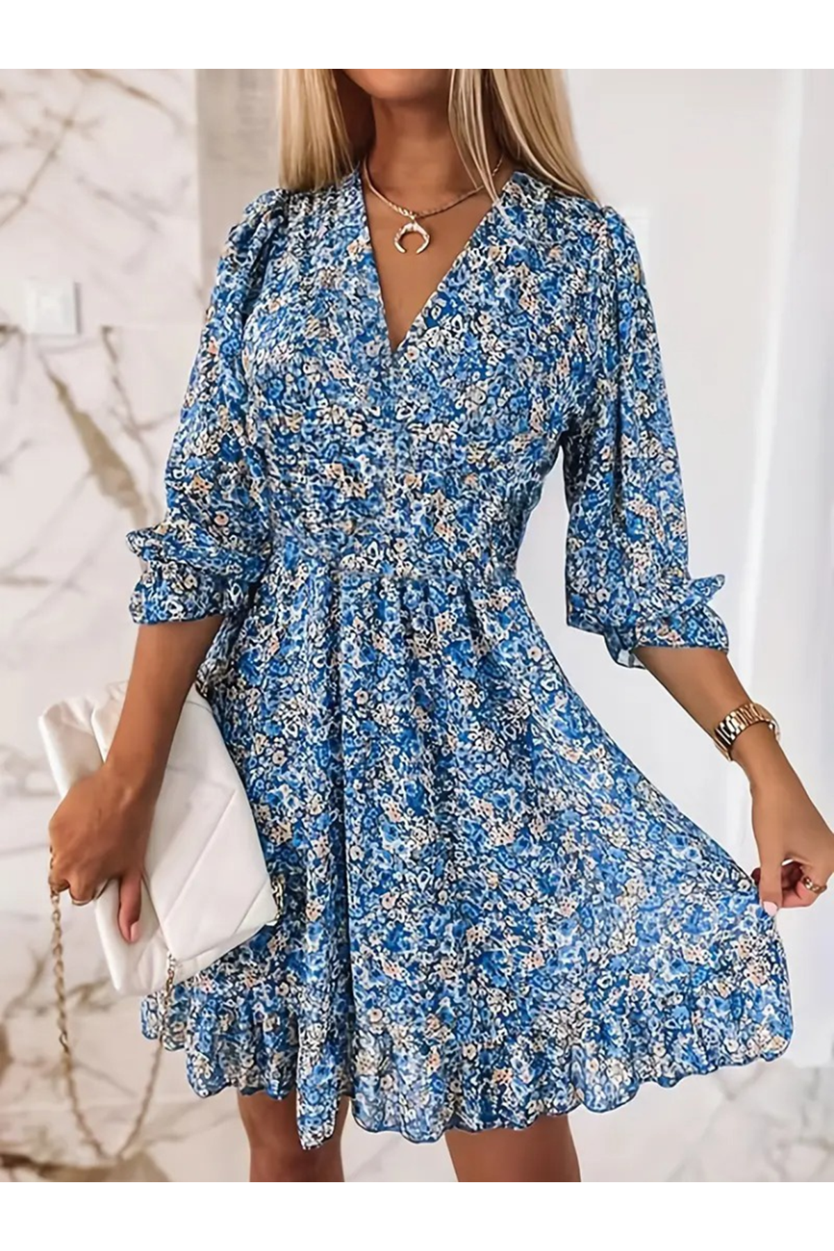 Kadın Truvakarkol Kruvaze Yakalı Beli Lastikli çiçek Desenli Süprem Elbise