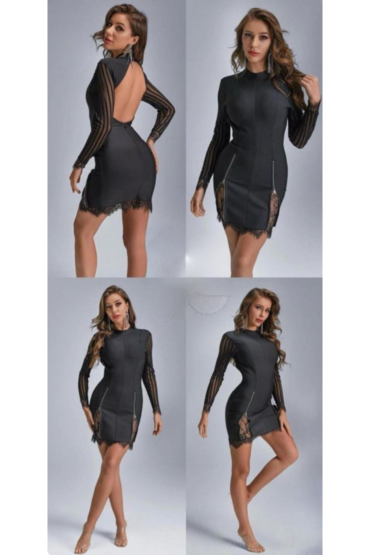 Kadın Kolları Ve Etek Ucu Dantel Detay Fermuar Dekolteli Skuba Kumaş Mini Elbise
