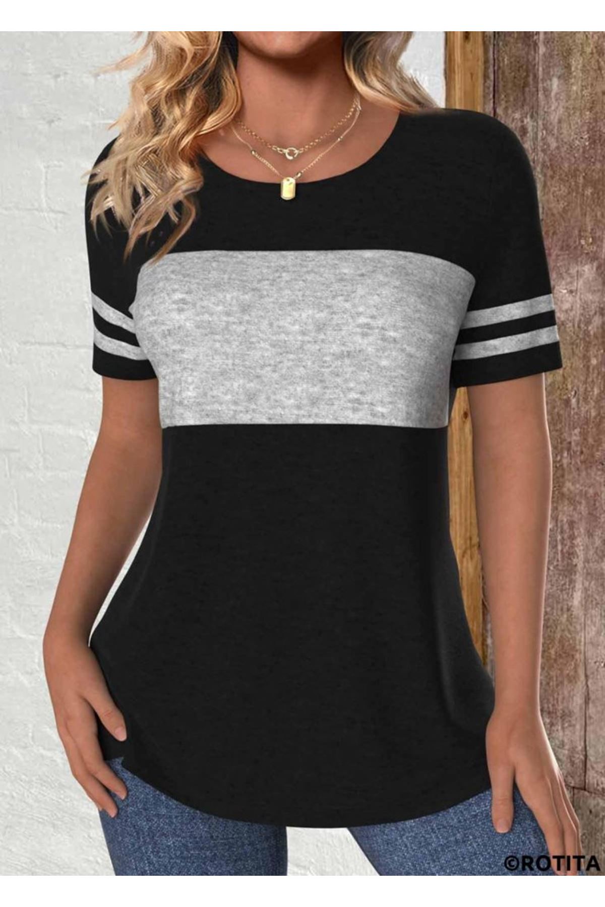 Kadın Kısa Kollu Bisiklet Yaka çift Renkli Viskon Bluz