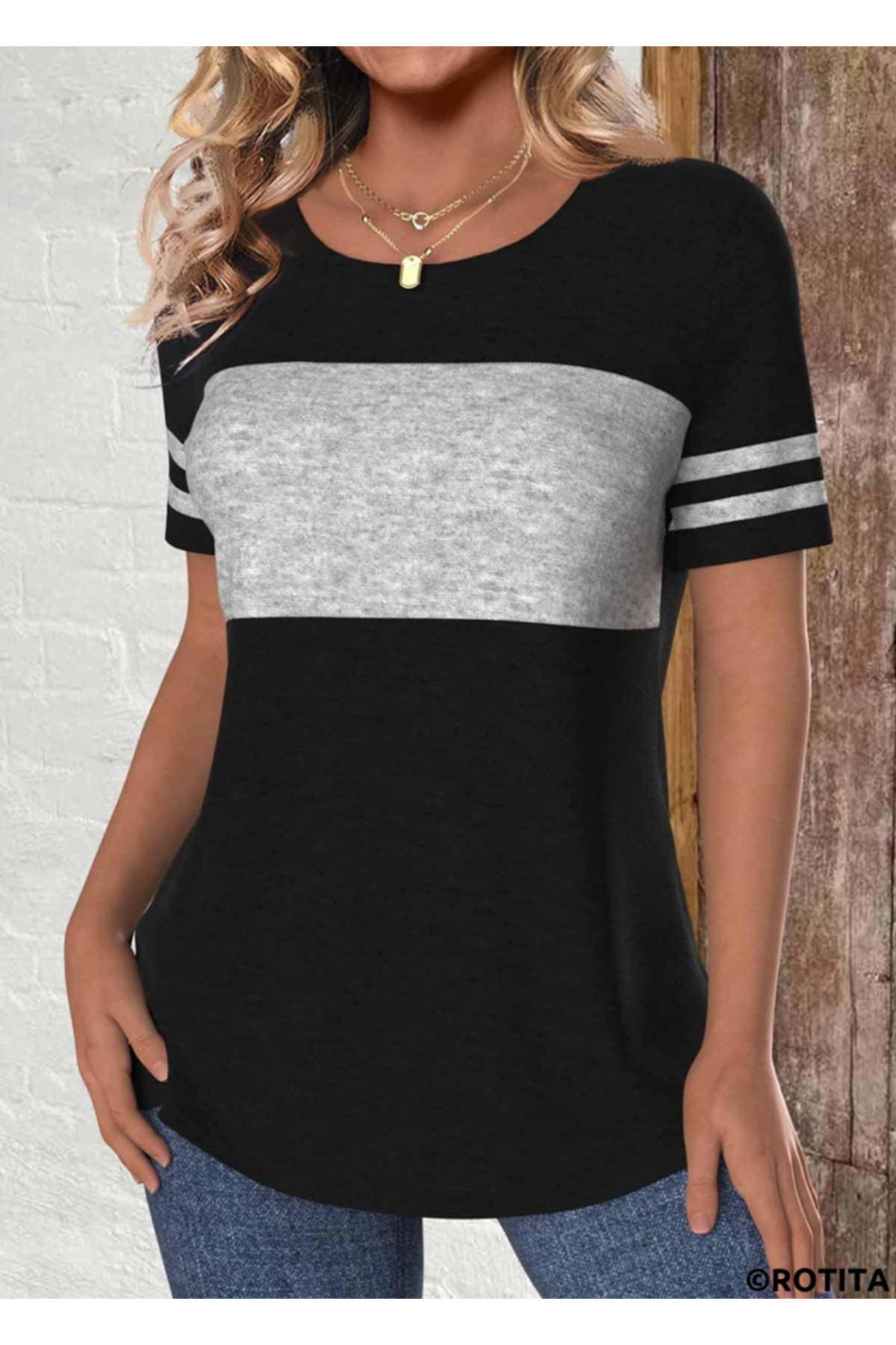 Kadın Kısa Kollu Bisiklet Yaka çift Renkli Viskon Bluz