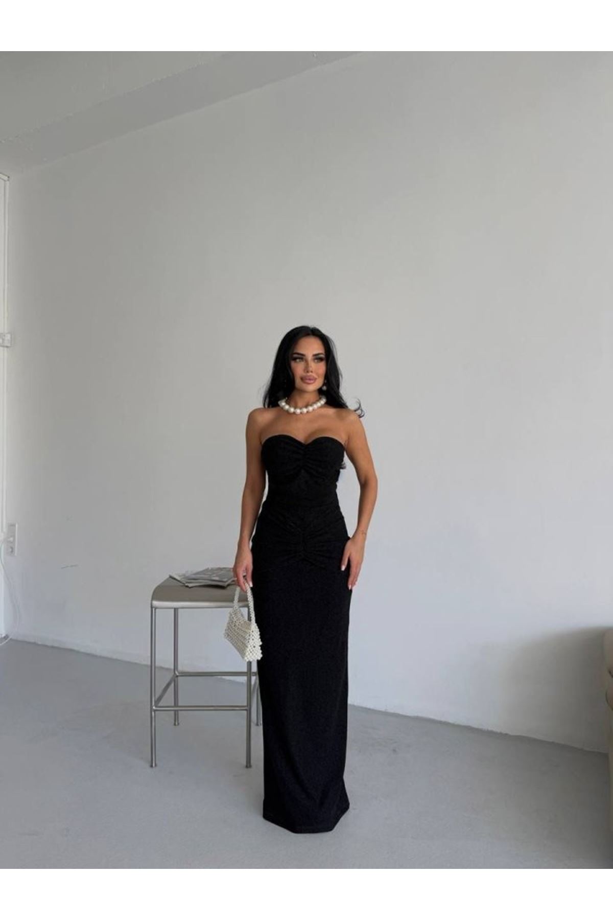 Straplez Simli Uzun Elbise