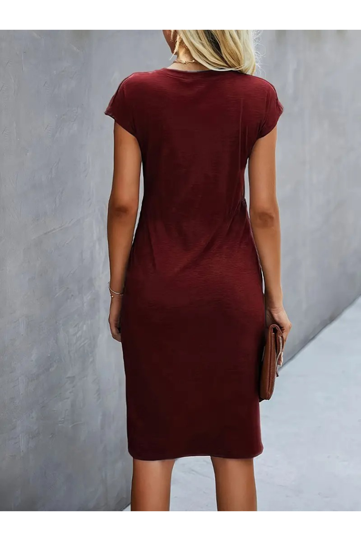 Kadın Kısa Kollu Bisiklet Yaka Yandan Büzgülü Midi Viskon Elbise