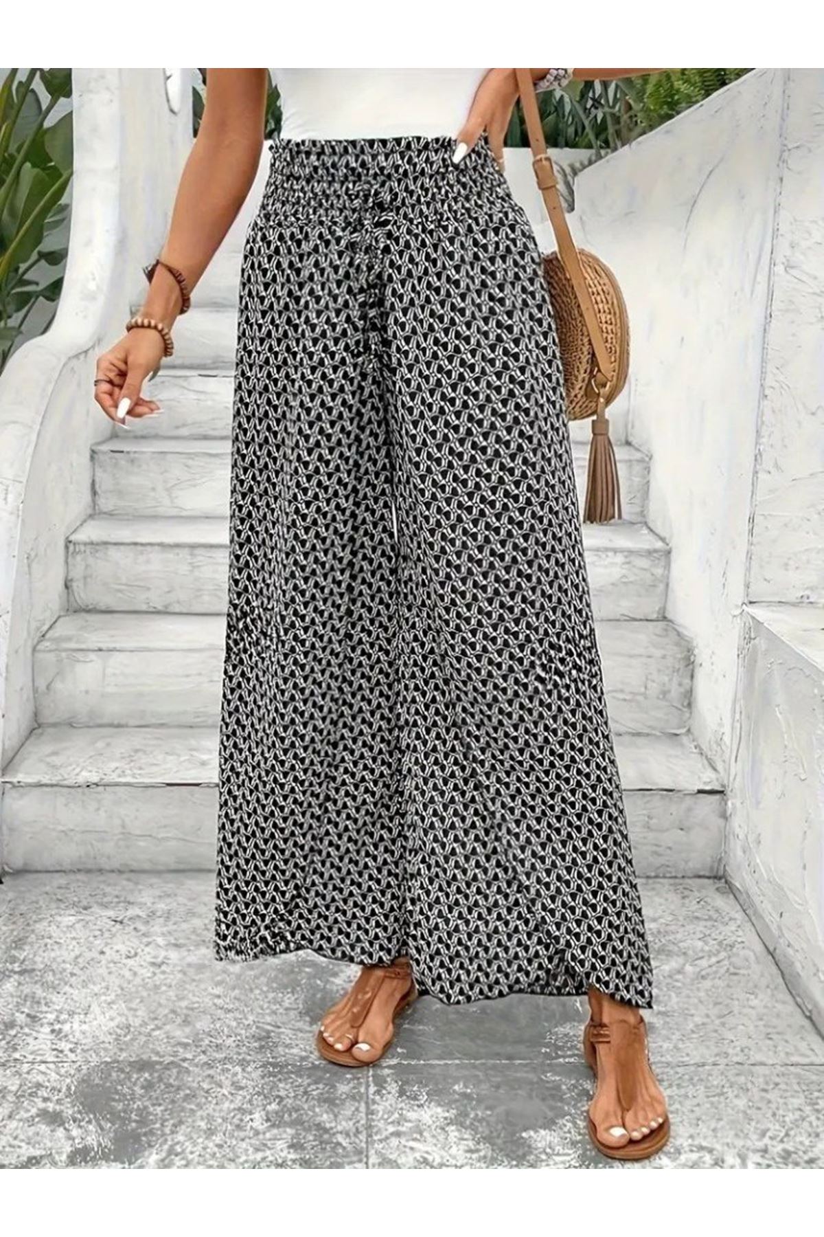 Kadın Yüksek Bel Lastikli önden Iki Parçalı Desenli Bürümcük Pantolon