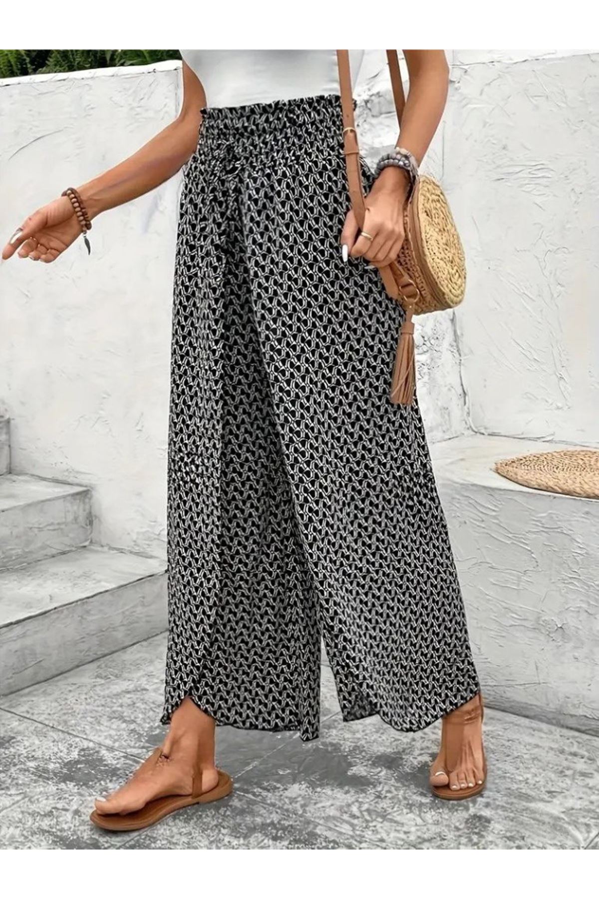 Kadın Yüksek Bel Lastikli önden Iki Parçalı Desenli Bürümcük Pantolon