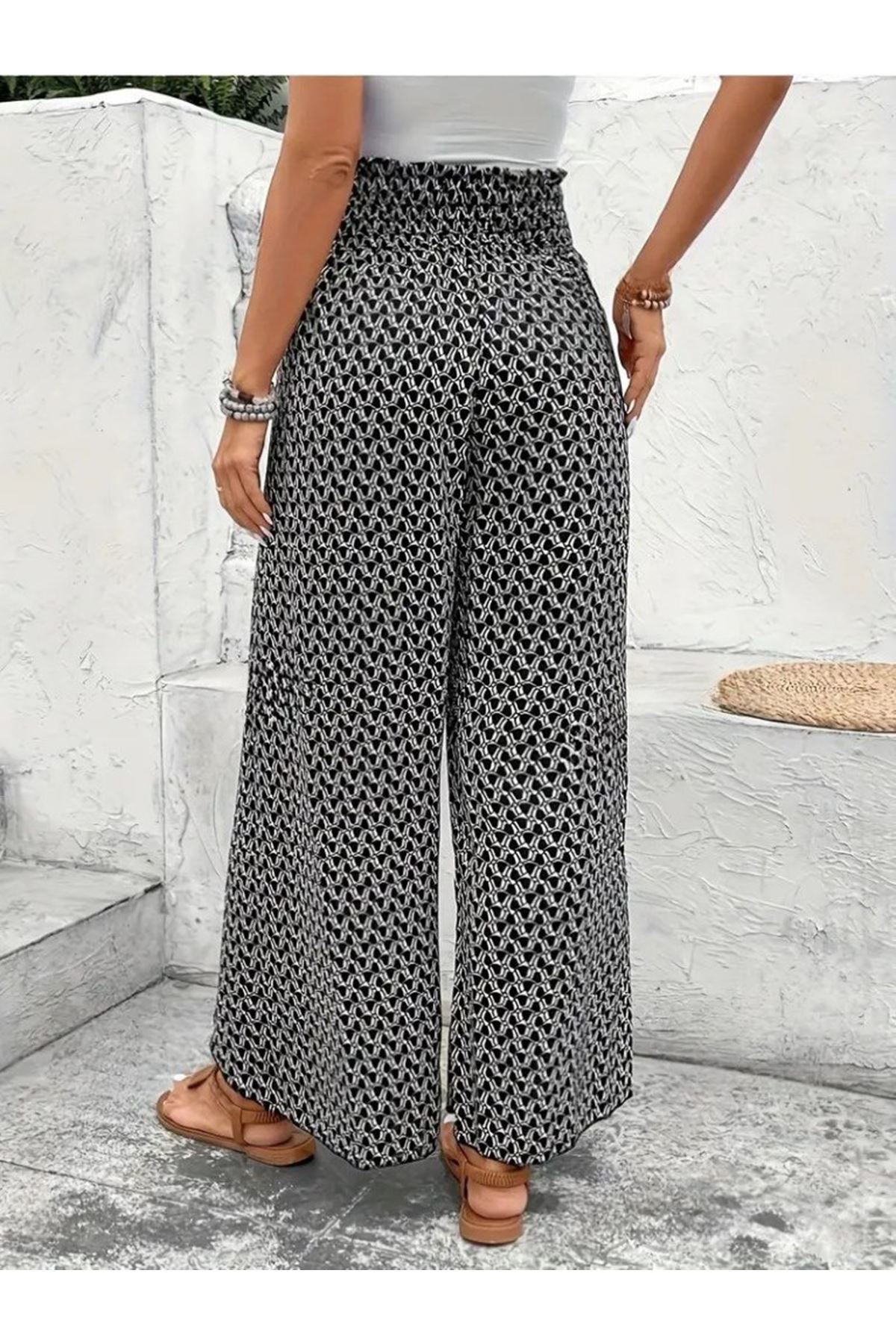Kadın Yüksek Bel Lastikli önden Iki Parçalı Desenli Bürümcük Pantolon