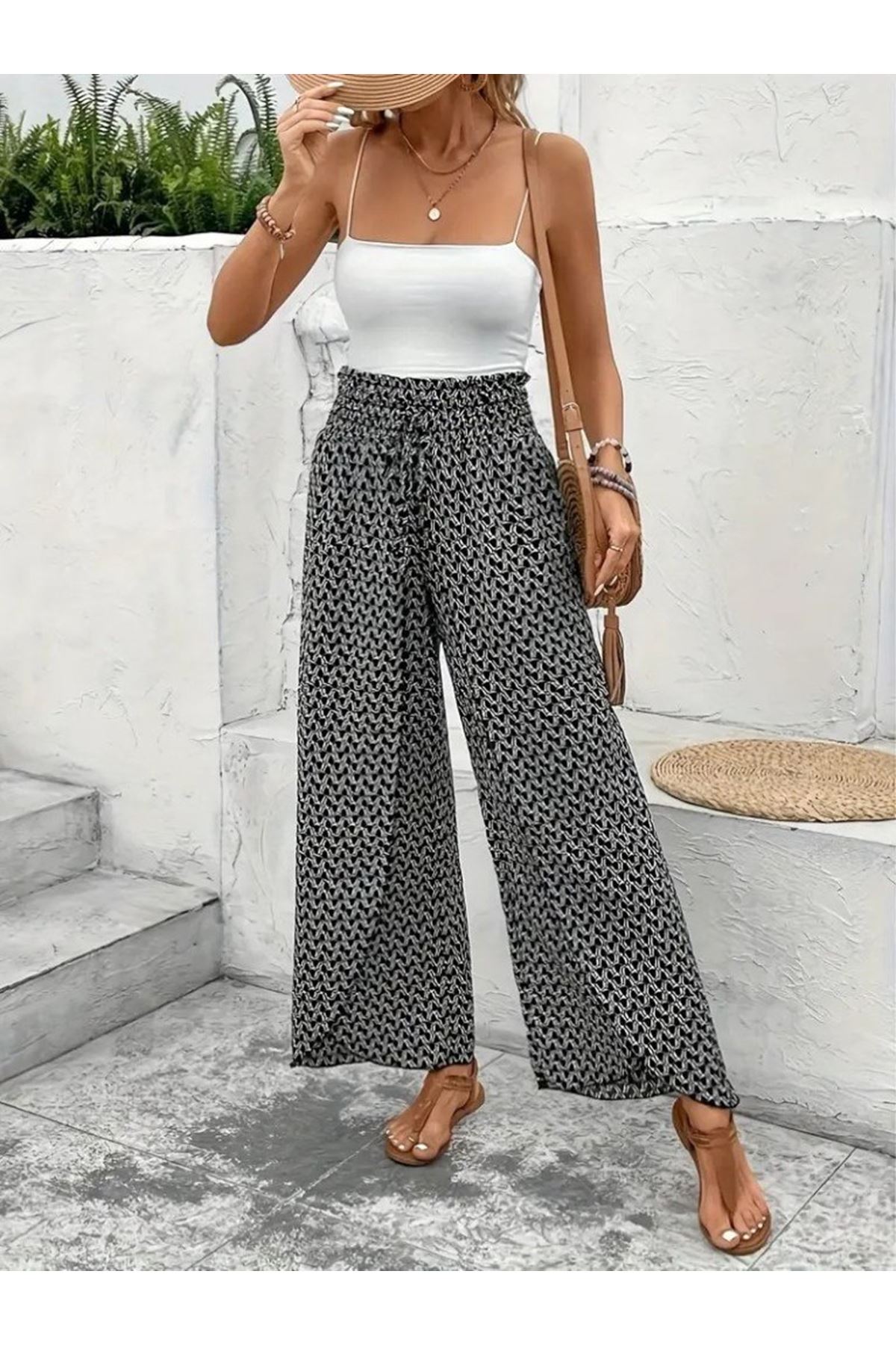 Kadın Yüksek Bel Lastikli önden Iki Parçalı Desenli Bürümcük Pantolon