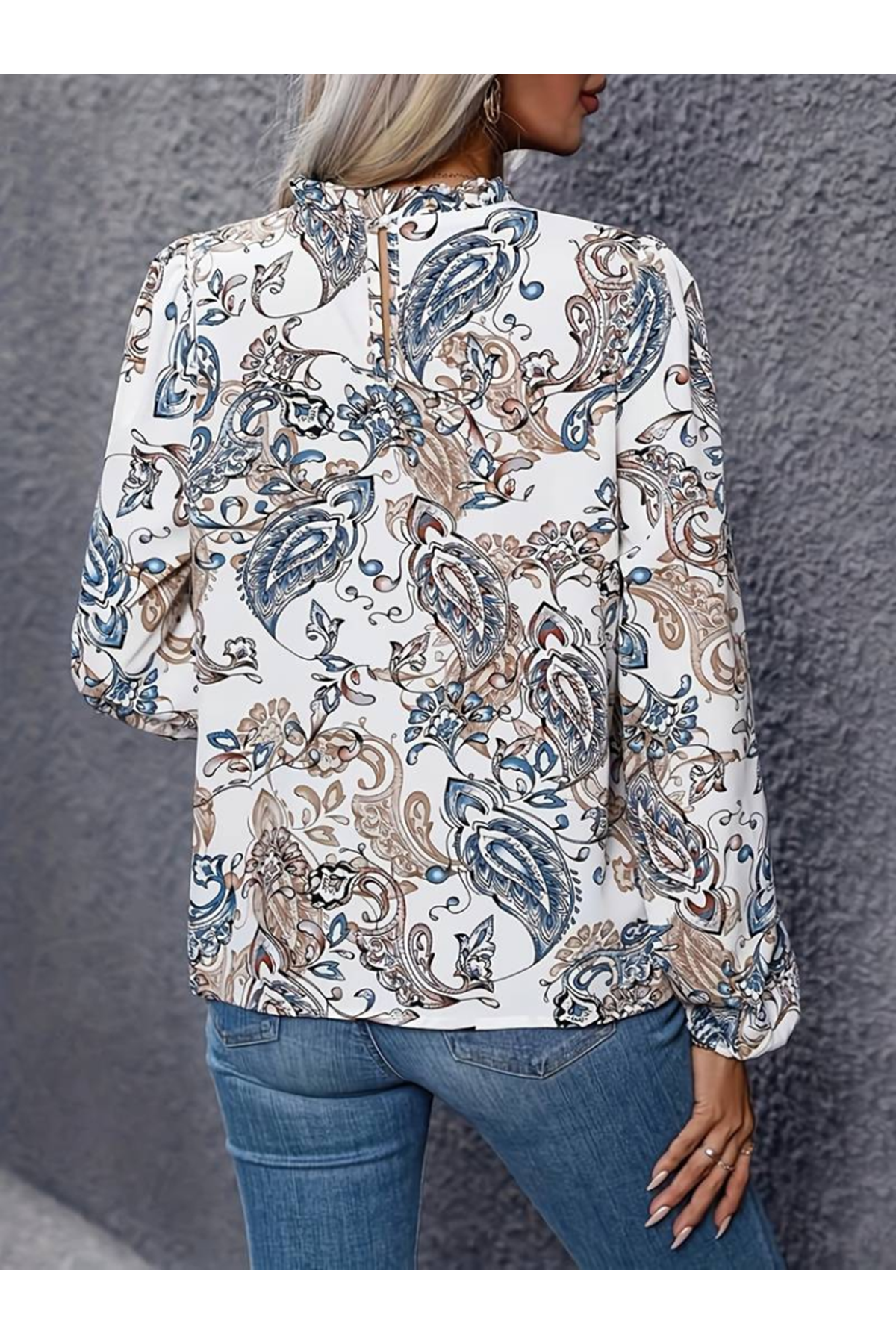 Kadın Uzun Kollu Yarı Balıkçı Yaka Desenli Süprem Bluz