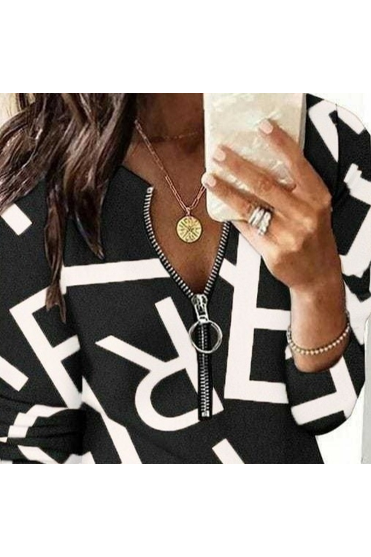 Kadın Uzun Kollu önden Fermuarlı Harf Baskılı şardonlu Dalgıç Bluz