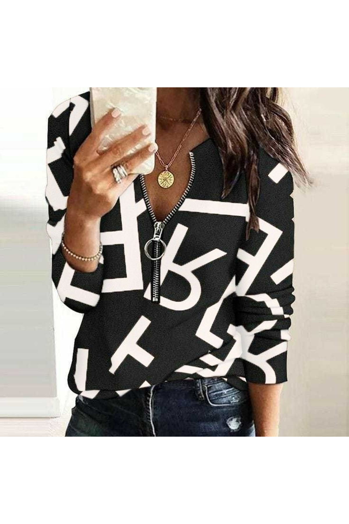 Kadın Uzun Kollu önden Fermuarlı Harf Baskılı şardonlu Dalgıç Bluz