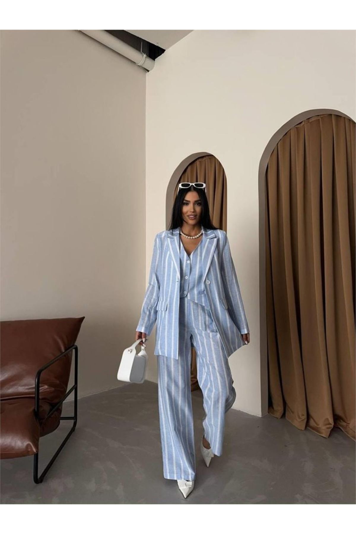 ÇİZGİLİ KETEN YELEK-PANTOLON TAKIM - Mavi