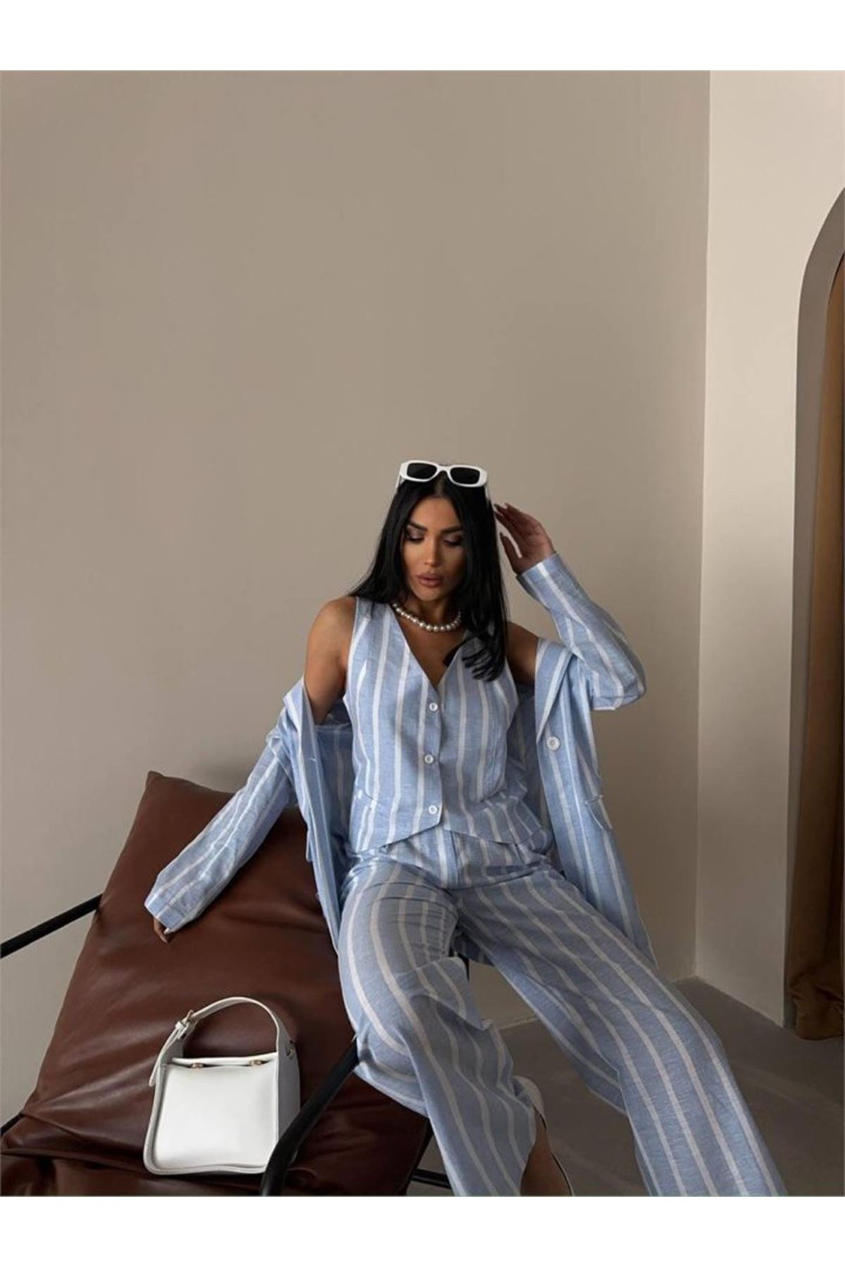 ÇİZGİLİ KETEN YELEK-PANTOLON TAKIM - Mavi