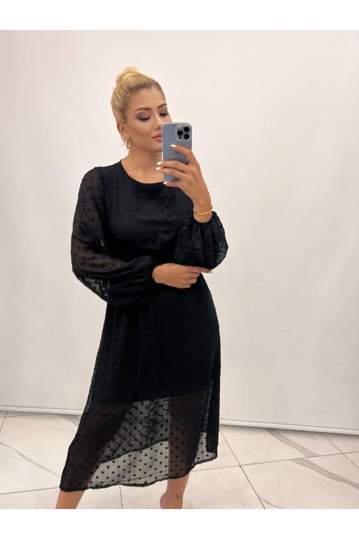 Kadın Uzun Kollu Astar Detay Fırsat ürün Ponpon şifon Elbise