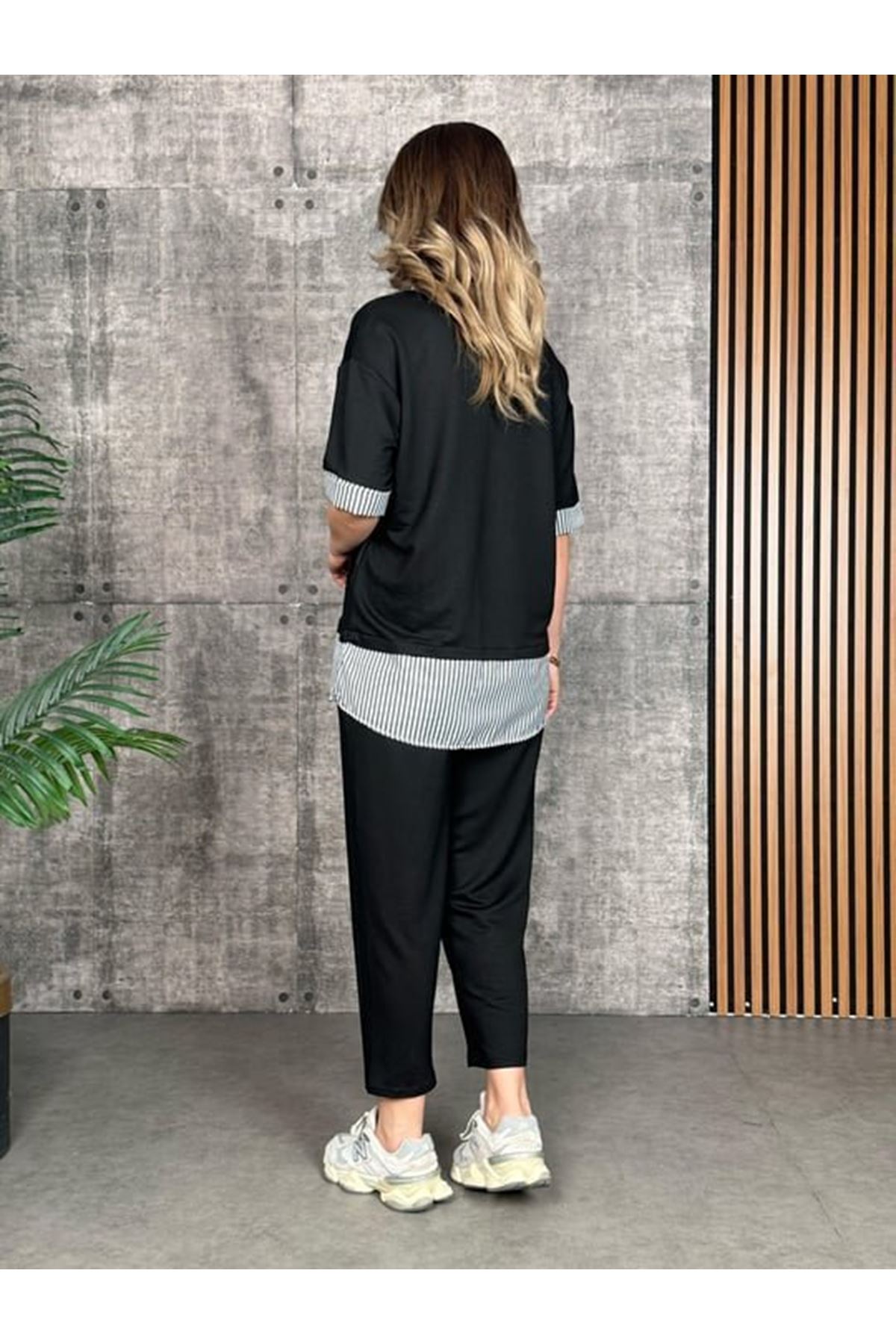 Kadın Modal Kumaş çizgili Gömlek Yaka Ikili Takım