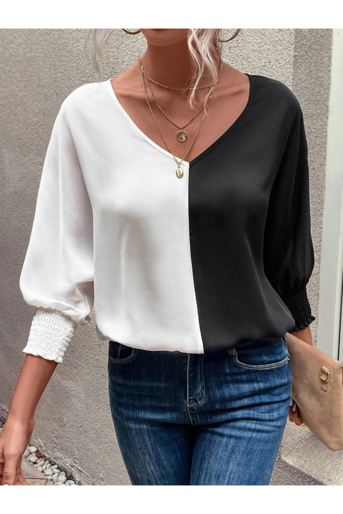Kadın Uzun Kollu V Yaka Kol Ağzı Gipeli Sandy Bluz