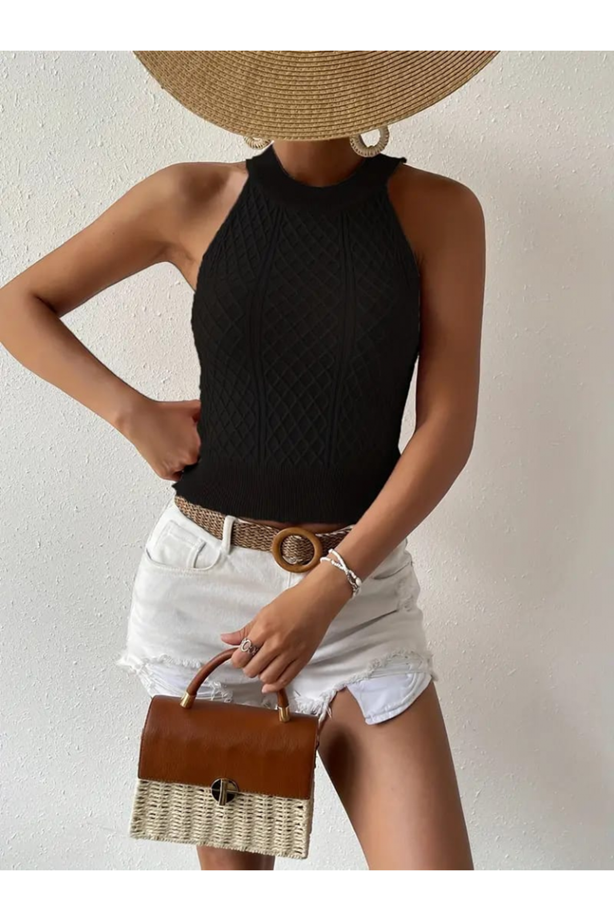 Kadın Kolsuz Halter Yaka Mini Baklava Desenli Triko Bluz
