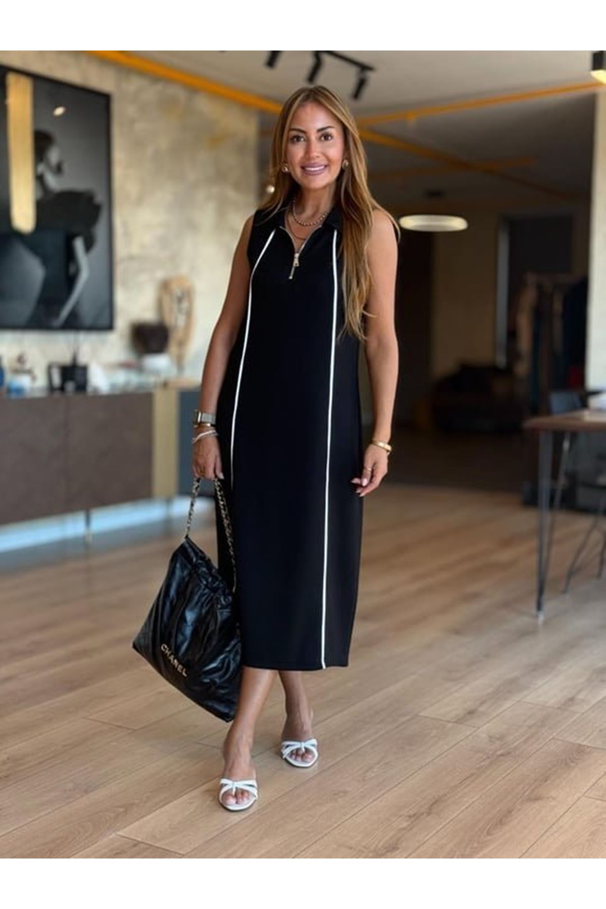 Kadın Modal Kumaş şerit Detaylı Fermuarlı Midi Elbise