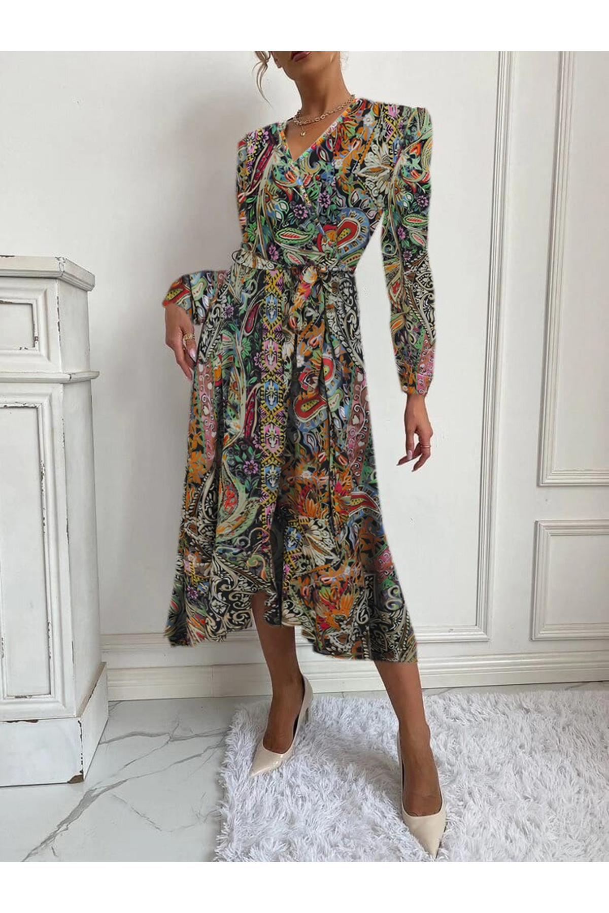 Kadın Uzun Kollu Kruvaze Yakalı Belden Kuşaklı Leopar