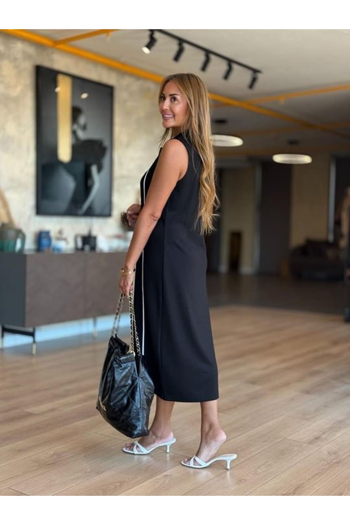 Kadın Modal Kumaş şerit Detaylı Fermuarlı Midi Elbise