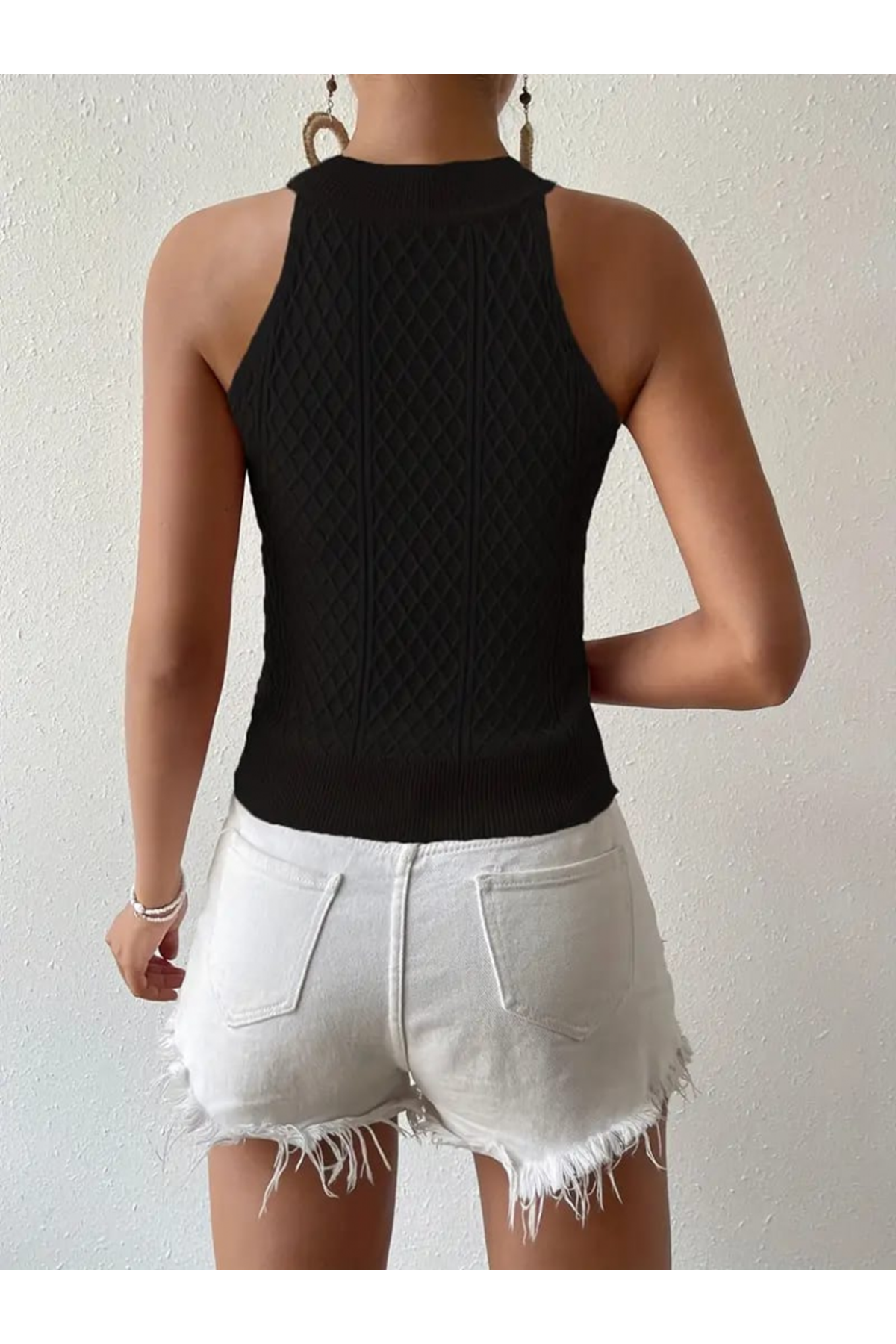 Kadın Kolsuz Halter Yaka Mini Baklava Desenli Triko Bluz