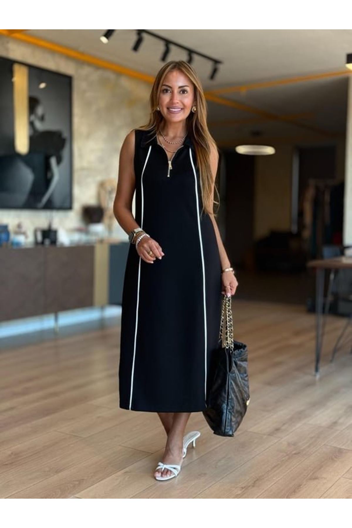 Kadın Modal Kumaş şerit Detaylı Fermuarlı Midi Elbise