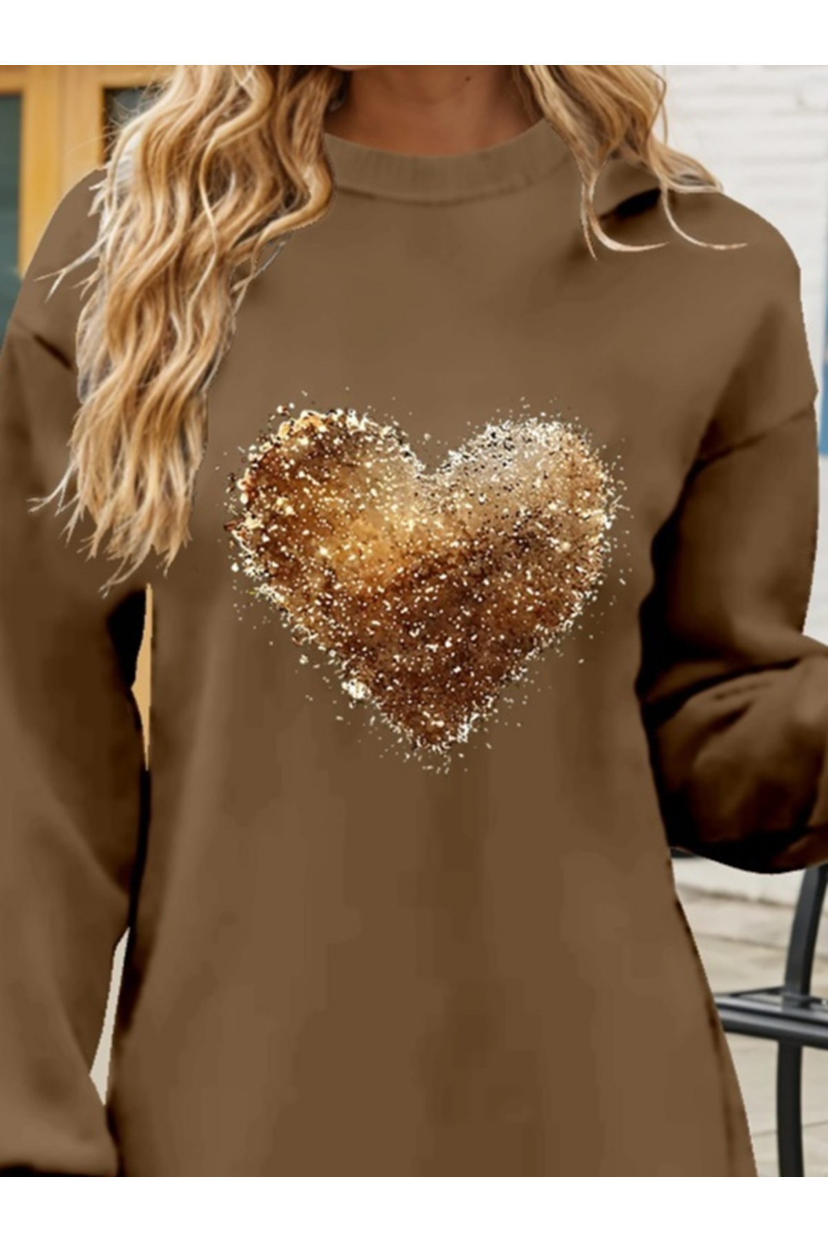 Kadın Uzun Kollu Bisiklet Yaka Kalp Desenli Viskon Iki Iplik Bluz