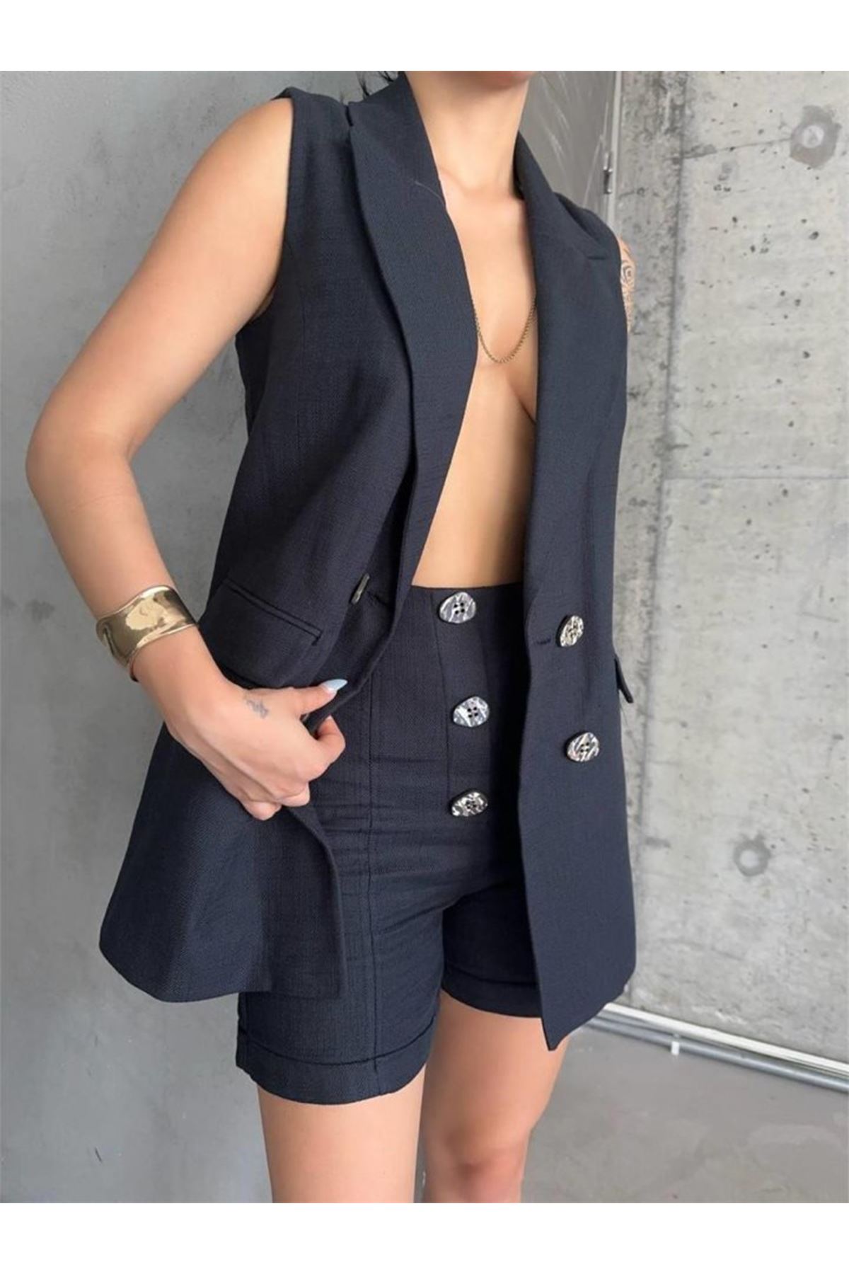 KETEN YELEK - ŞORT TAKIM - Siyah