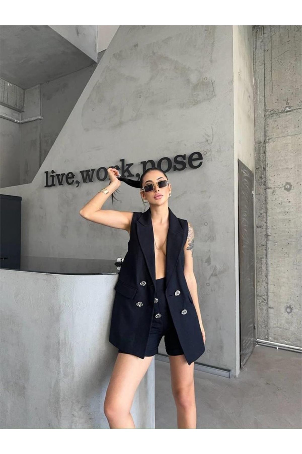 KETEN YELEK - ŞORT TAKIM - Siyah