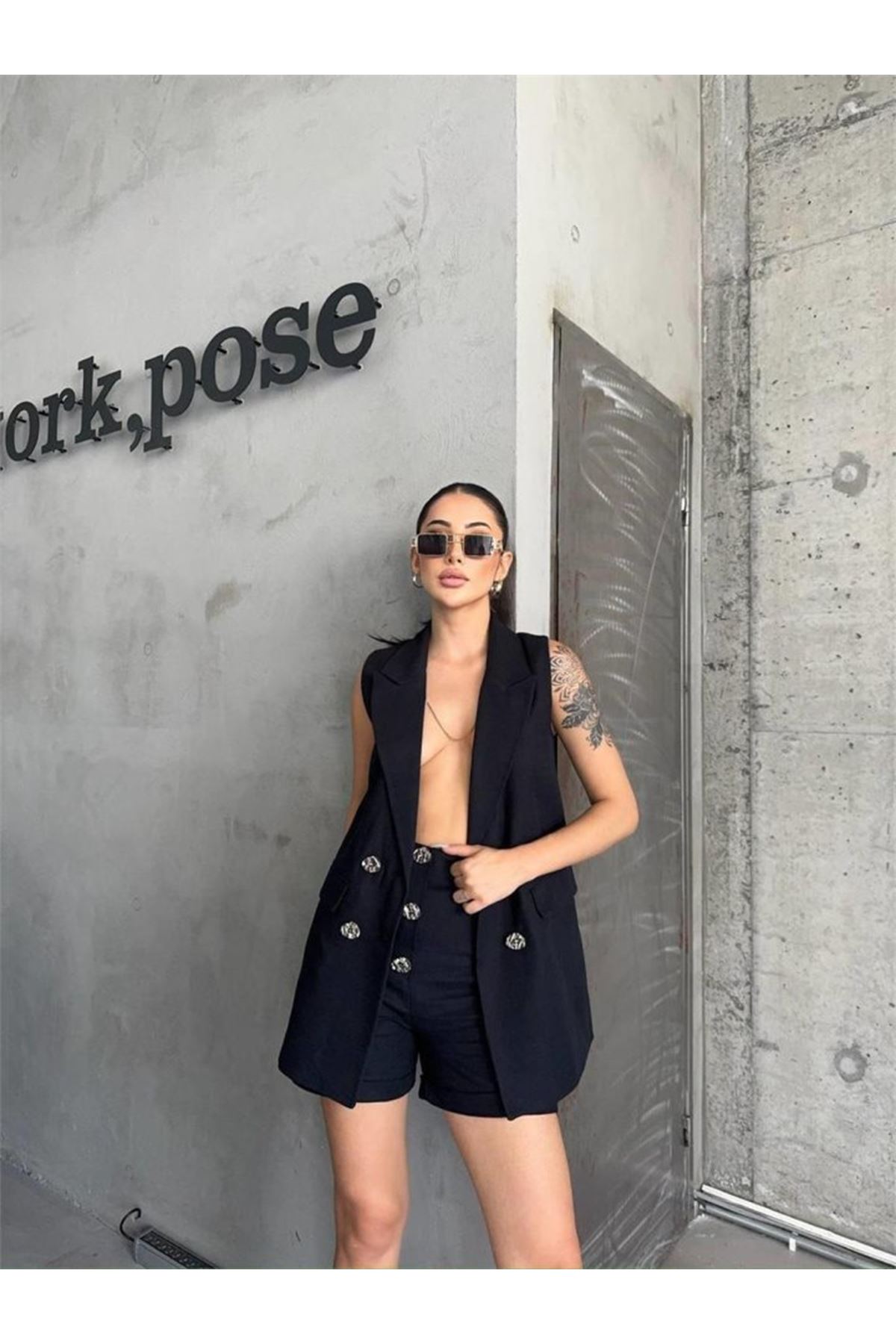 KETEN YELEK - ŞORT TAKIM - Siyah