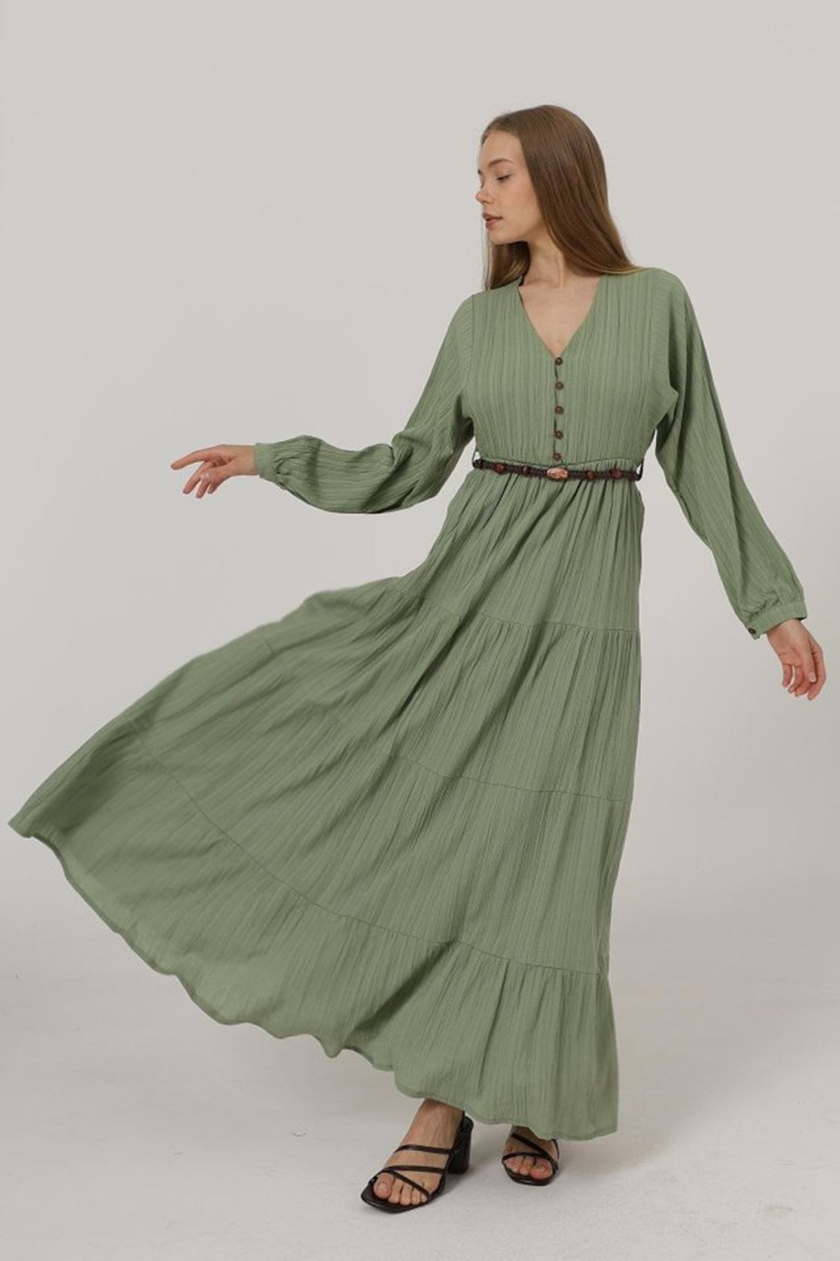 Önü Yarım Düğmeli Uzun Kol Kemerli Elbise - Haki