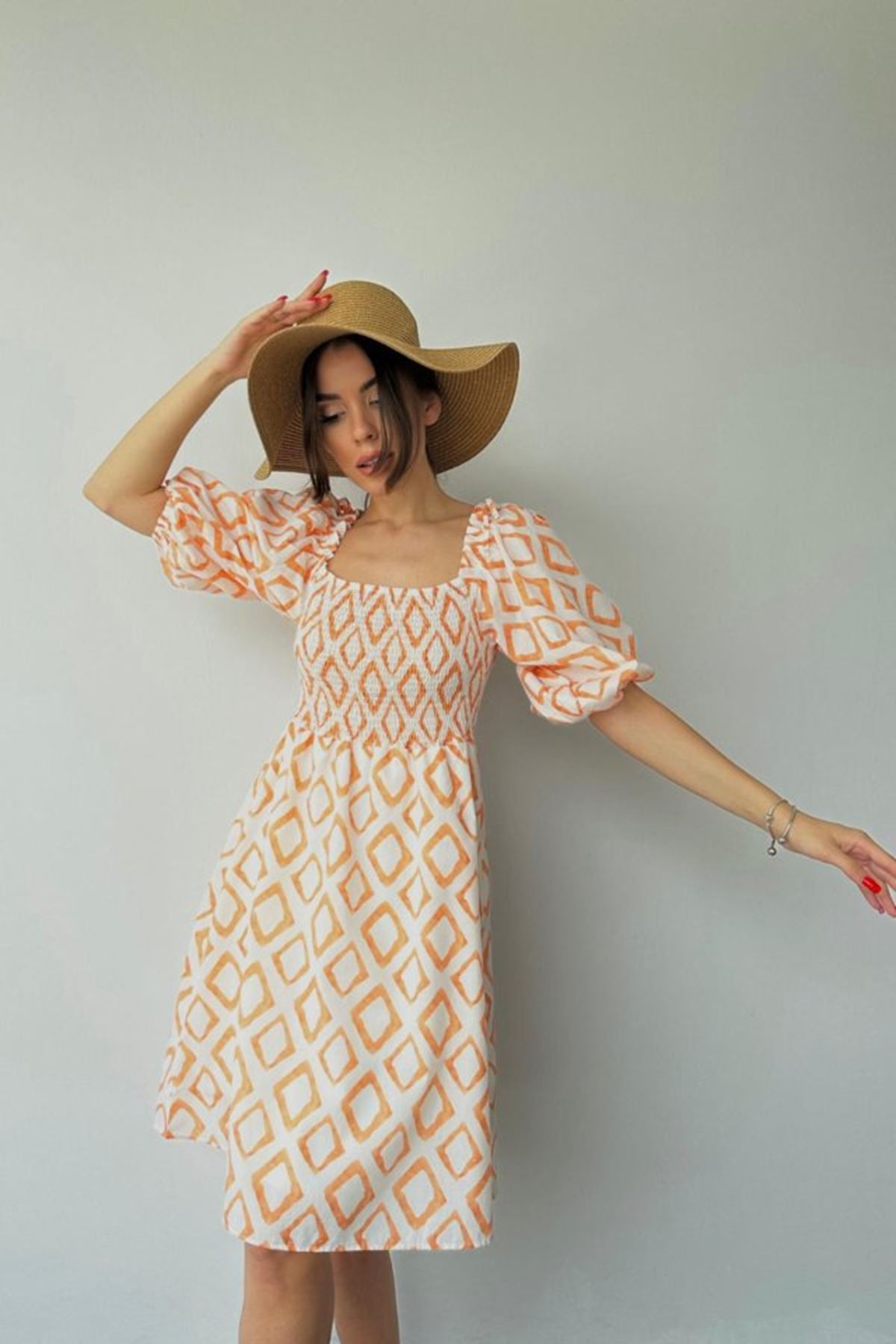 Oranj Kare Desenli Yazlık Elbise