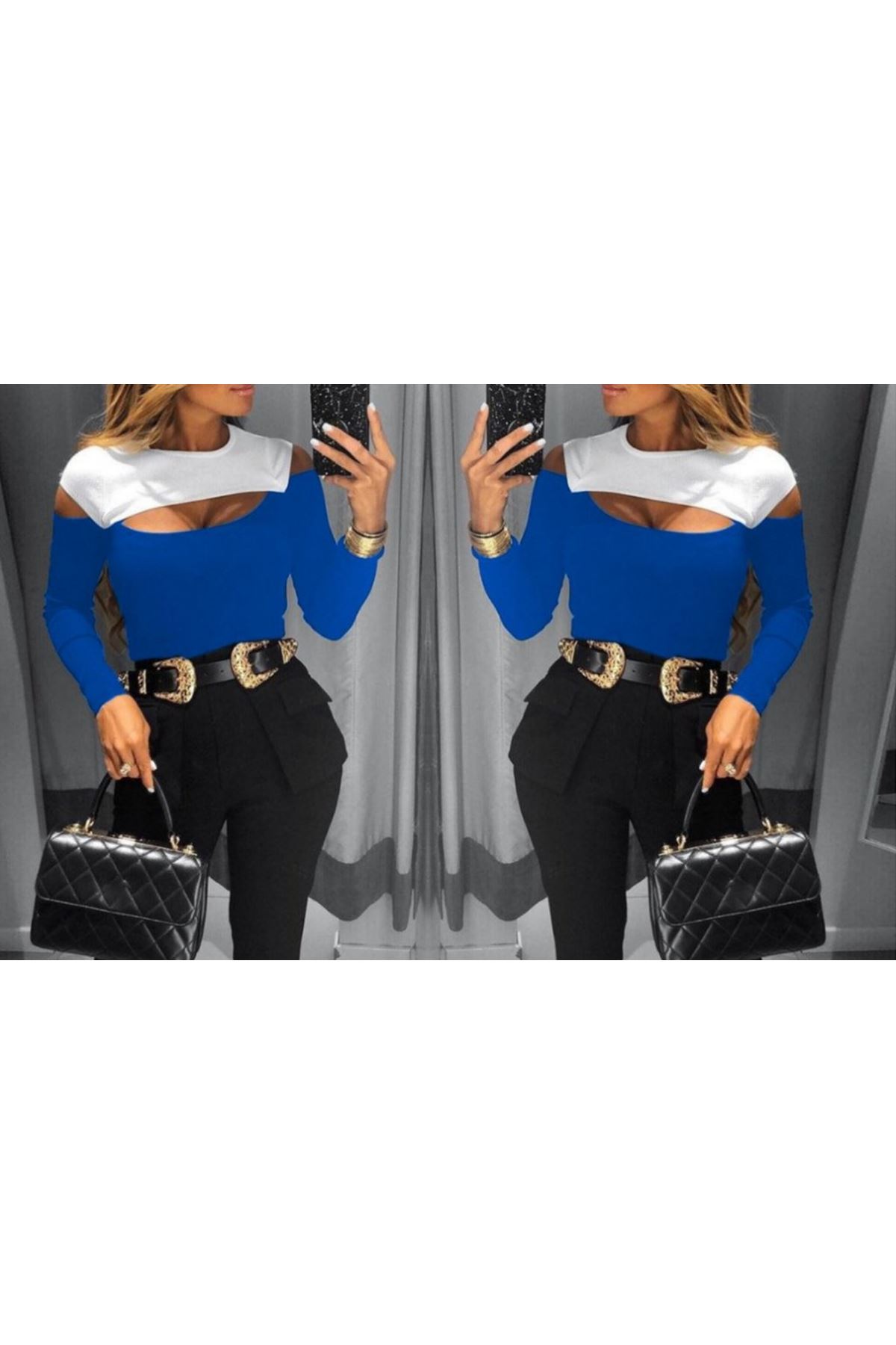 Kadın Uzun Kollu Bisiklet Yaka Göğüs Dekolteli Kaşkorse Bluz