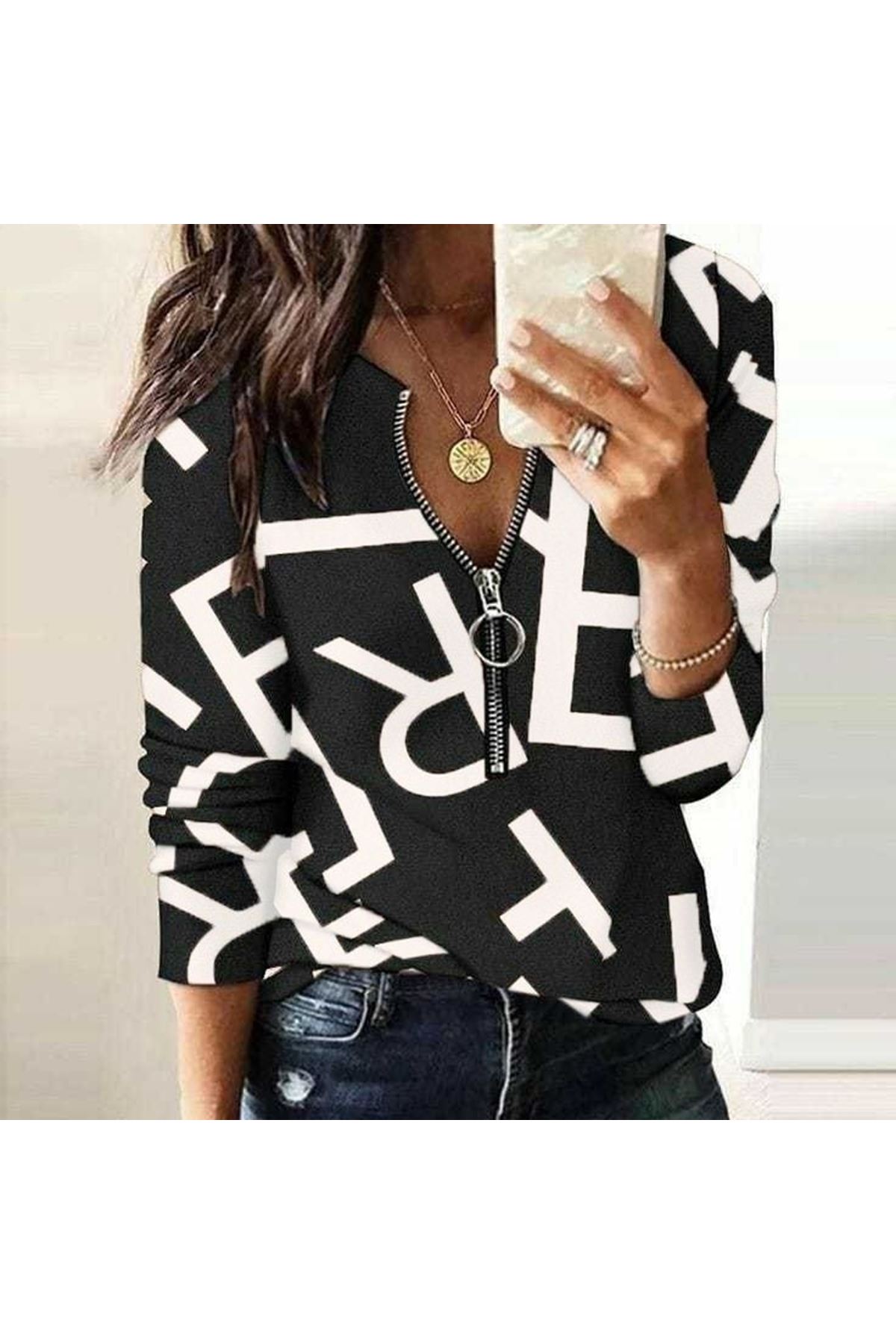 Kadın Uzun Kollu önden Fermuarlı Harf Baskılı şardonlu Dalgıç Bluz