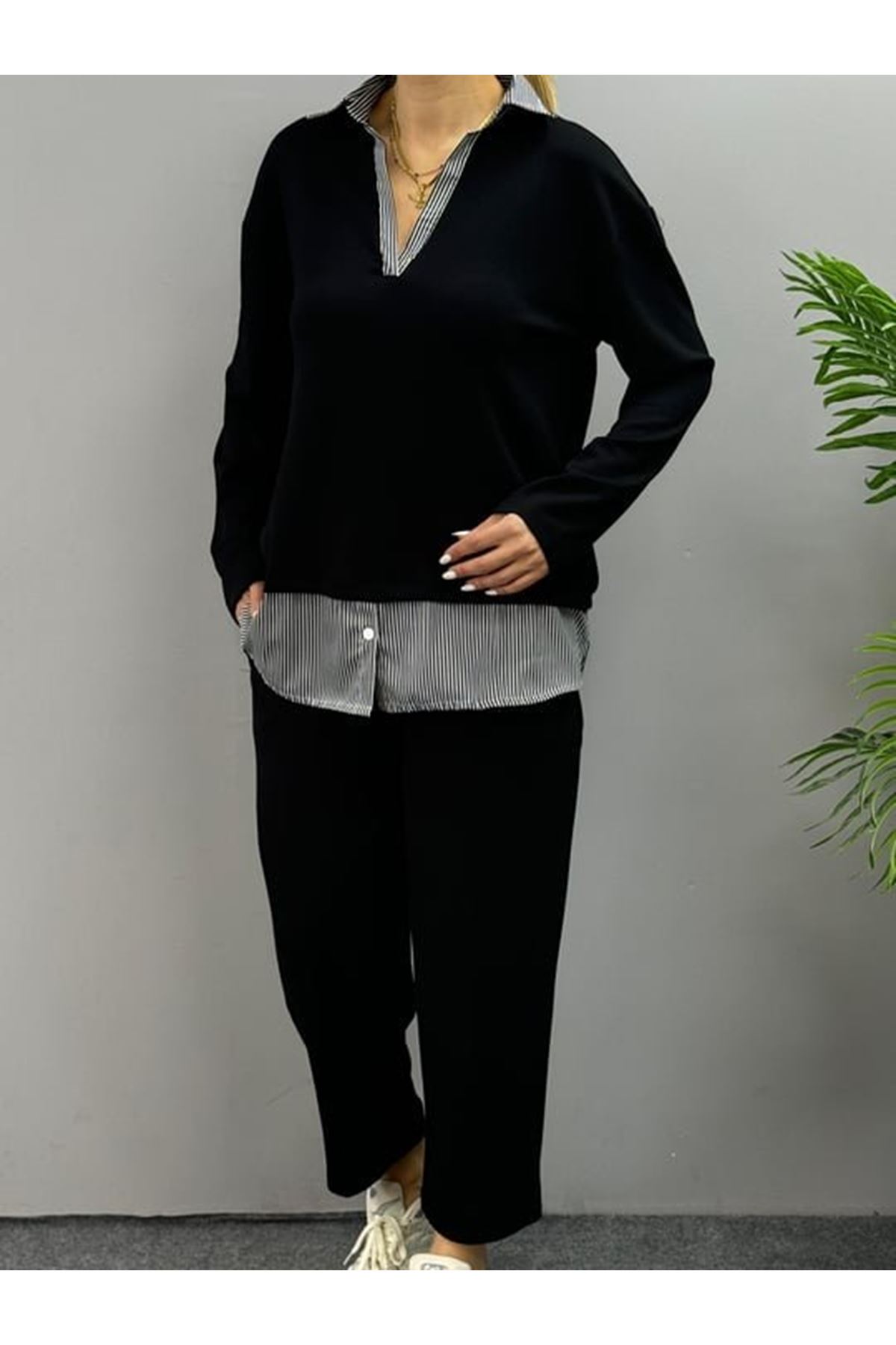 Polo Yaka Gömlek Detay Salaş Balon Pantolunlu ıkılı Takım