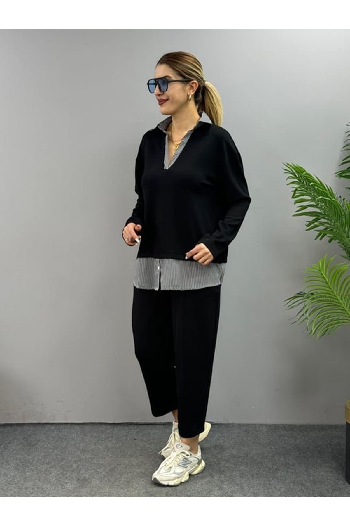 Polo Yaka Gömlek Detay Salaş Balon Pantolunlu ıkılı Takım