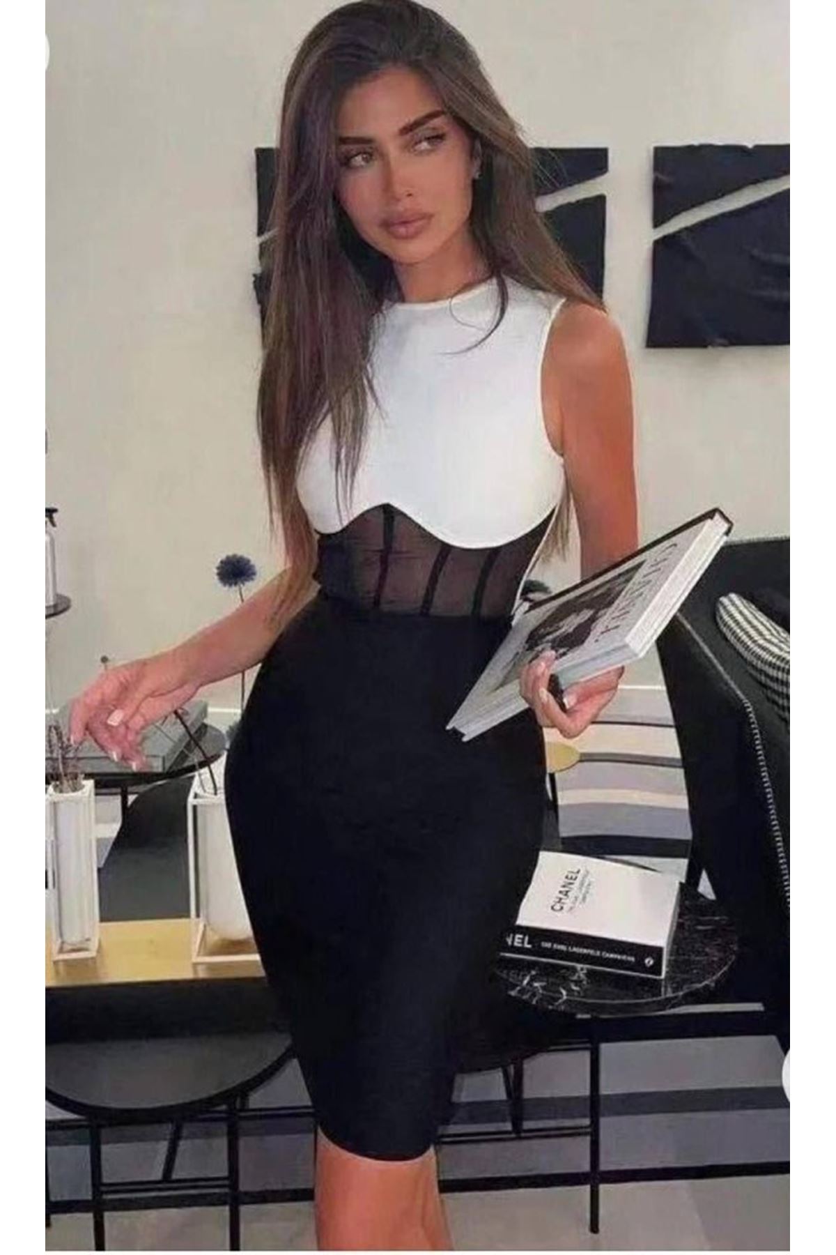 Kadın Bisiklet Yaka Kolsuz çift Renk Ve Bel Transparan Korse Detay Midi Boy Elbise