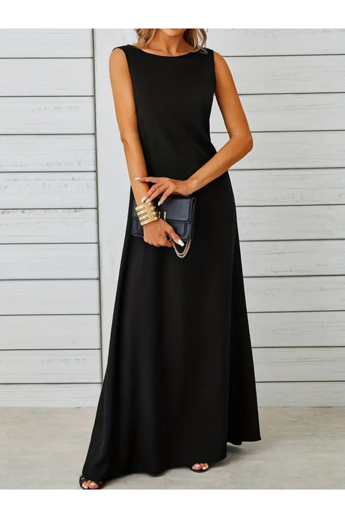 Kadın Kolsuz Kayık Yaka Maksi Janjan Krep Elbise