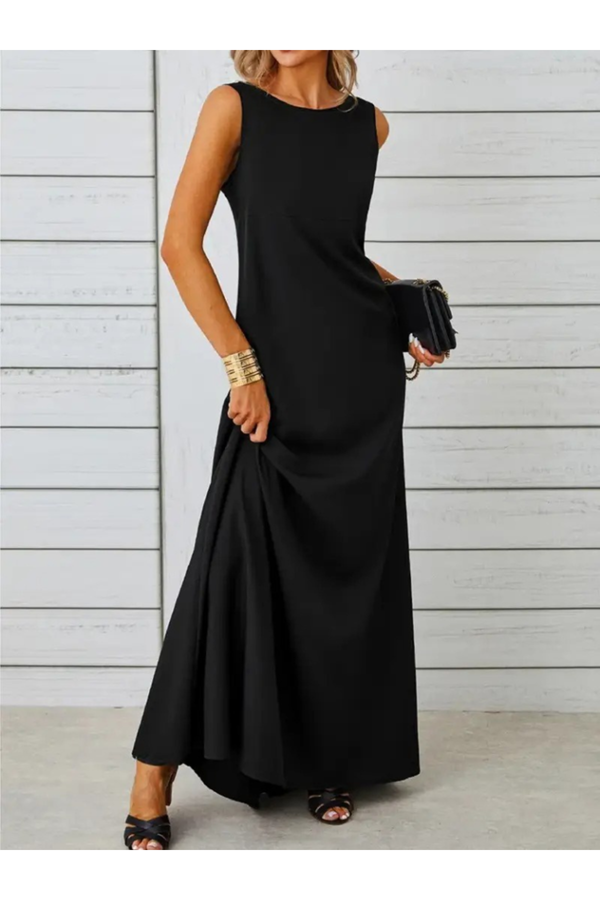 Kadın Kolsuz Kayık Yaka Maksi Janjan Krep Elbise