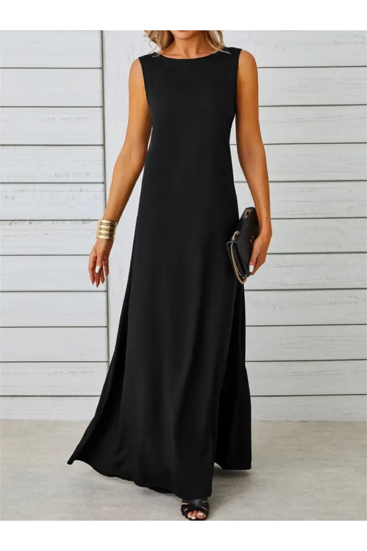 Kadın Kolsuz Kayık Yaka Maksi Janjan Krep Elbise