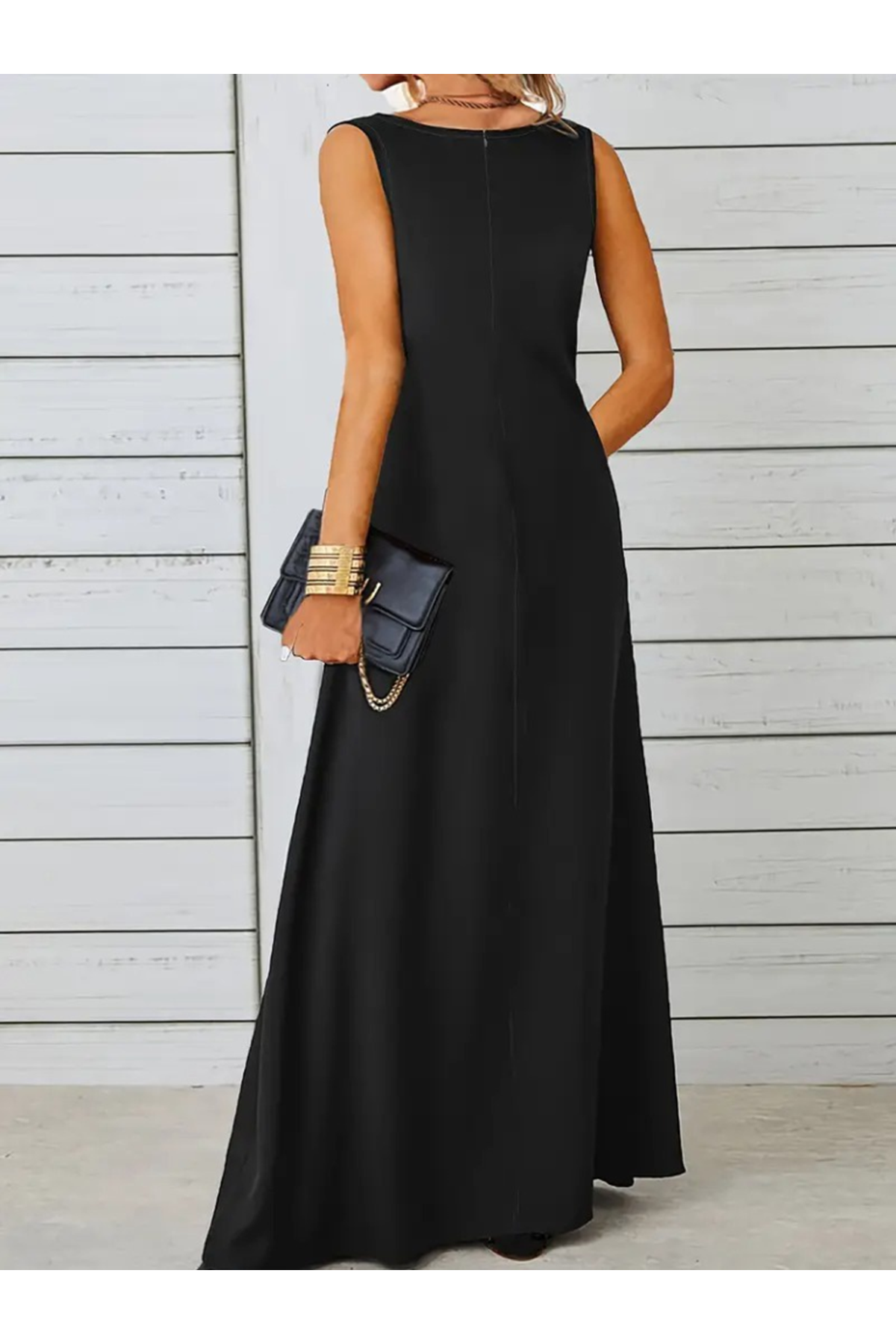 Kadın Kolsuz Kayık Yaka Maksi Janjan Krep Elbise