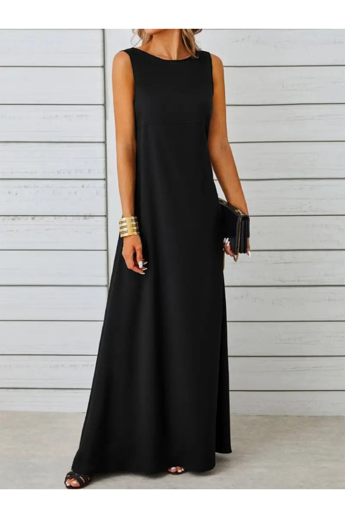 Kadın Kolsuz Kayık Yaka Maksi Janjan Krep Elbise