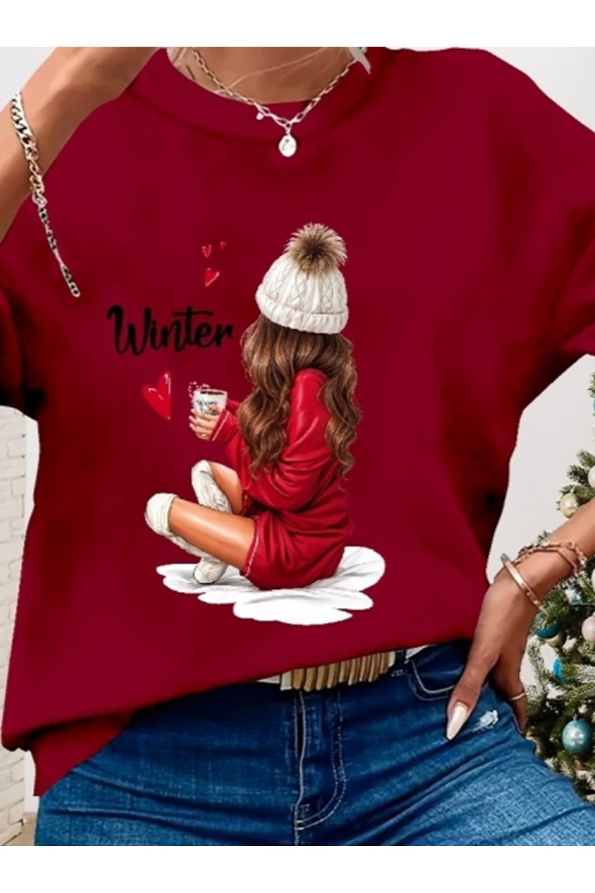 Kadın Yılbaşı özel Uzun Kollu Bisiklet Yaka Desenli Viskon Iki Iplik Bluz