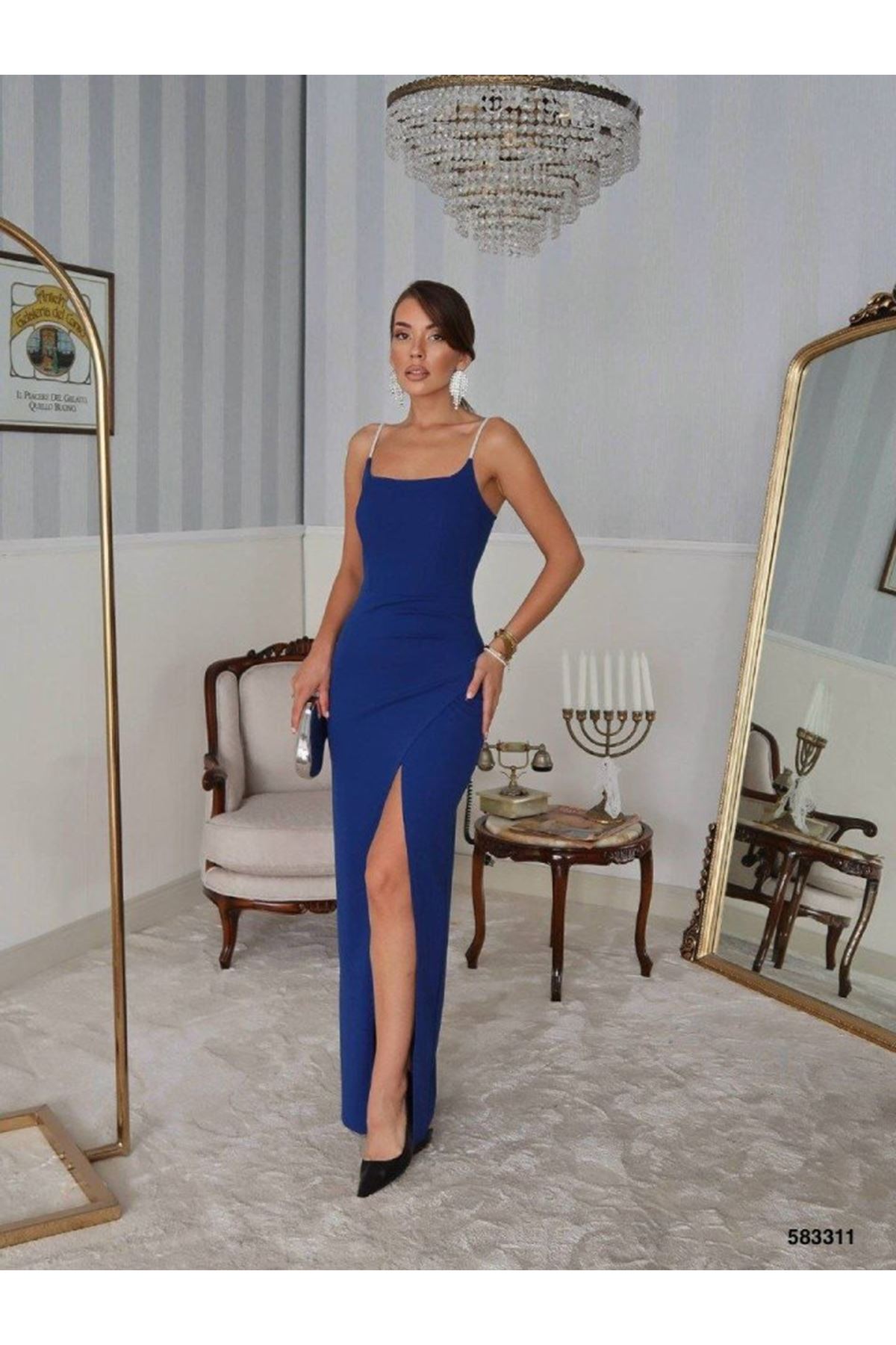 Kadın Omuz Askılı Derin Yırtmaç Detay Maxi Boy Elbise