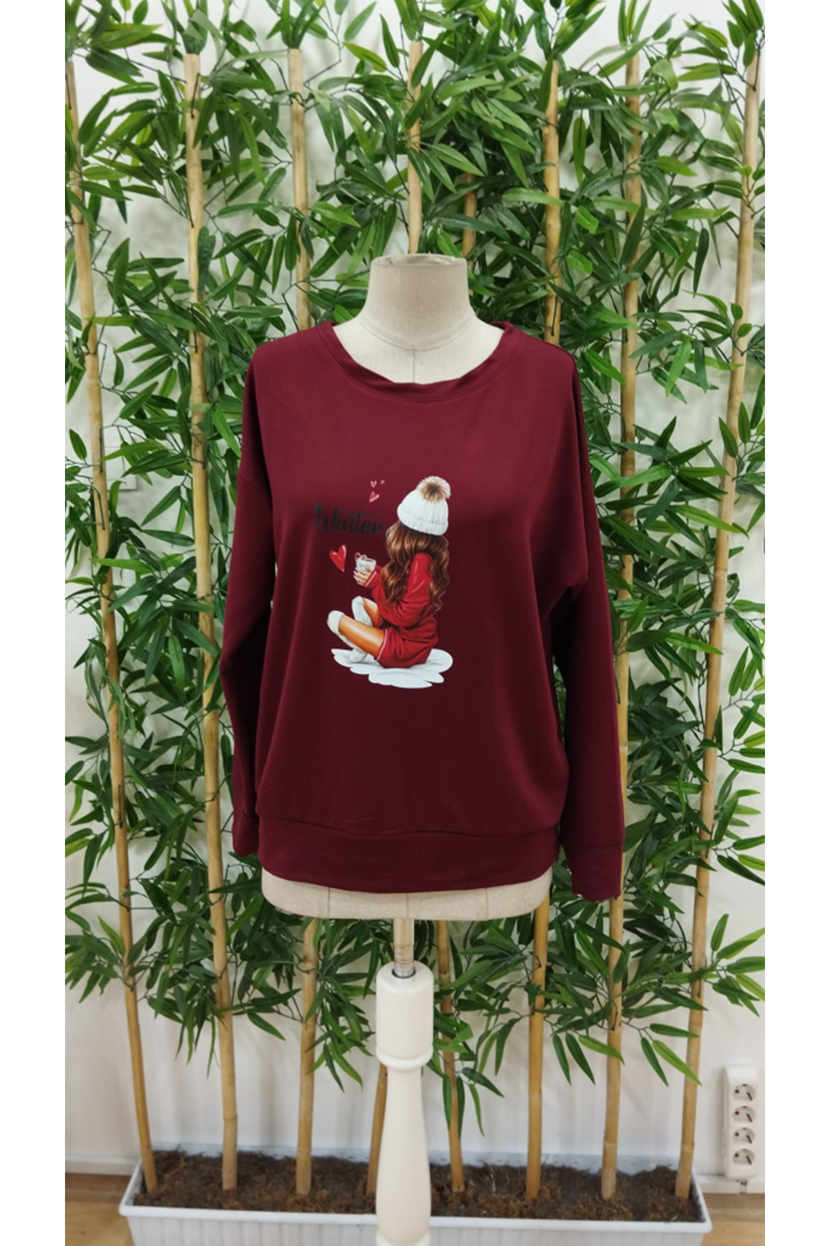 Kadın Yılbaşı özel Uzun Kollu Bisiklet Yaka Desenli Viskon Iki Iplik Bluz