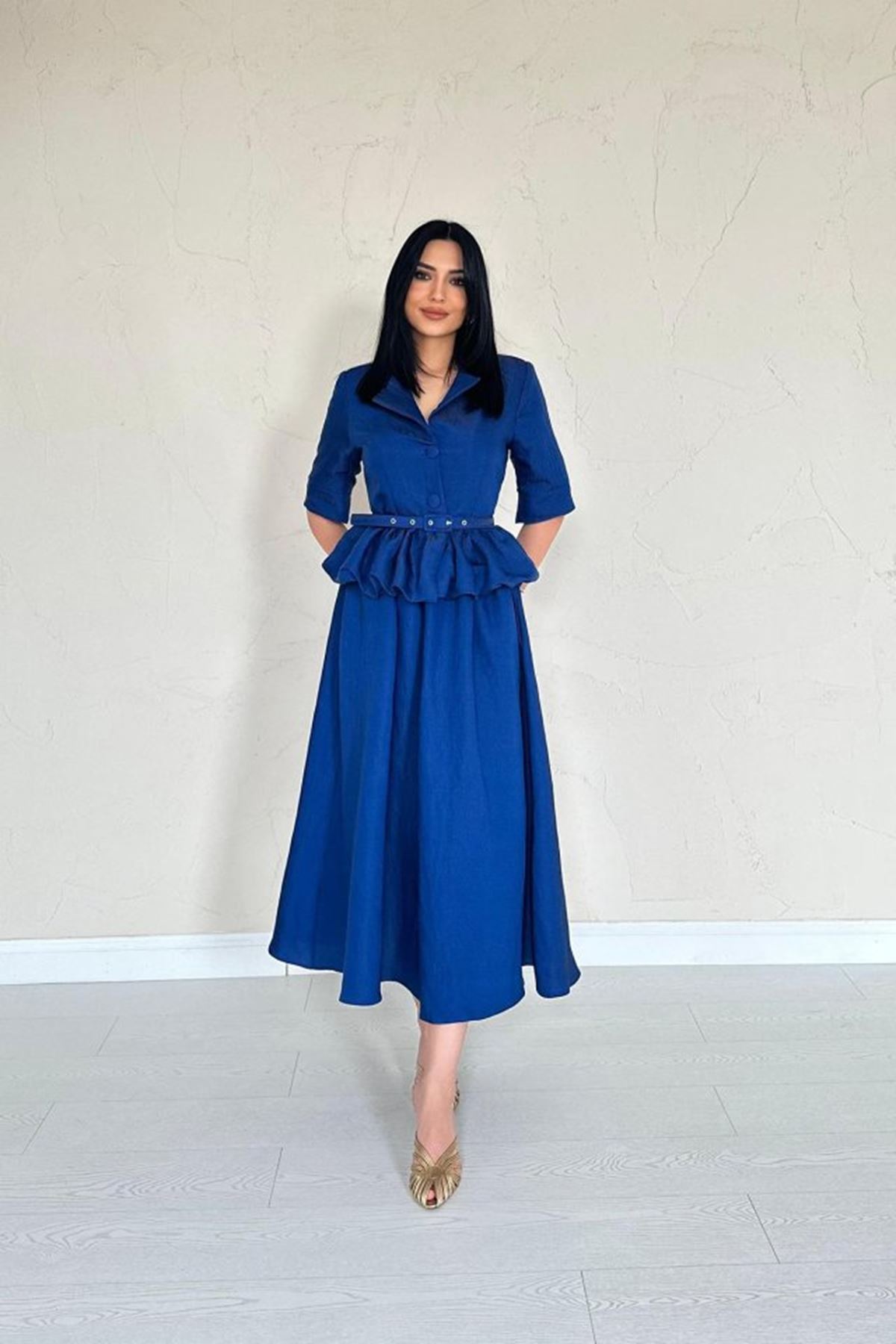 Lacivert İnce Kemerli Fırfırlı Ceket Ve Büzgülü Etek Takım