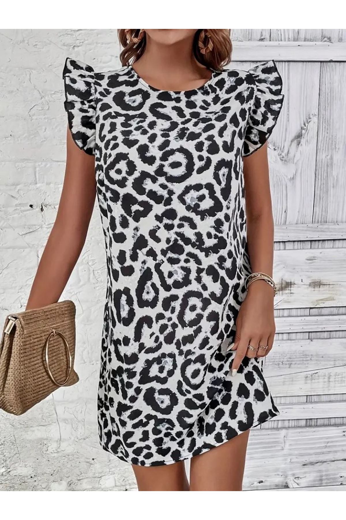 Kadın Kısa Kollu Kolları Fırfır Detay Arkası Bağlamalı Leopar Desen Kolsuz Mini Mikro Elbise
