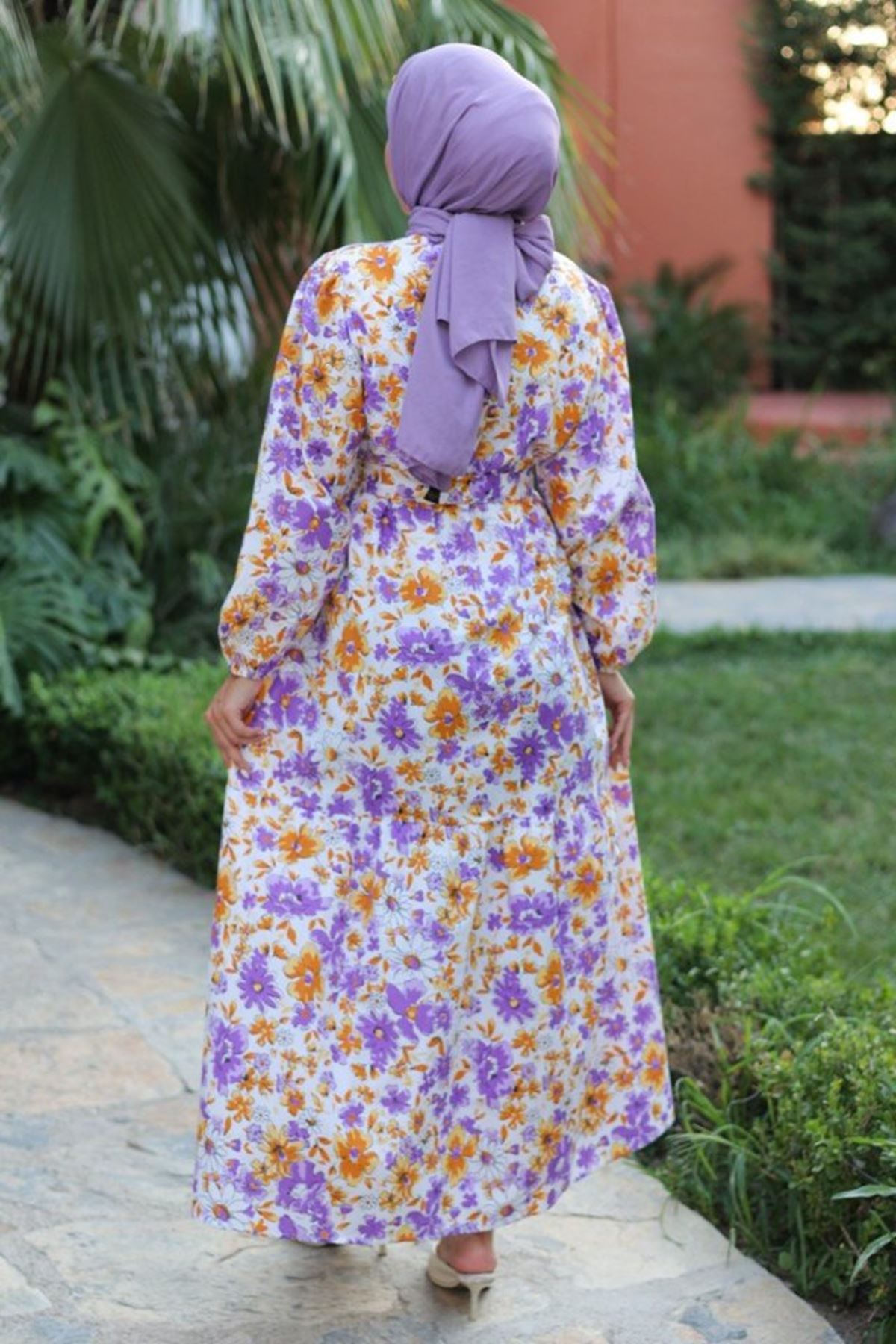 Kadın Uzun Çiçek Yaprak Desenli Belden Bağlamalı Elbise