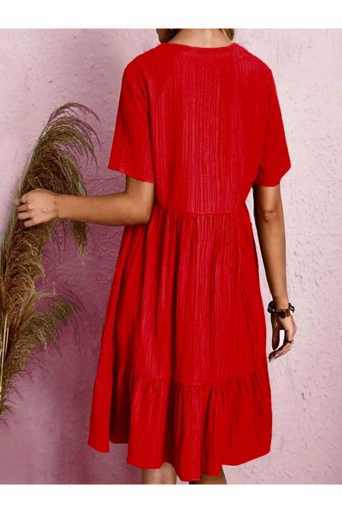 Kadın V Yaka, Fırfırlı Bürümcük Kumaş Elbise