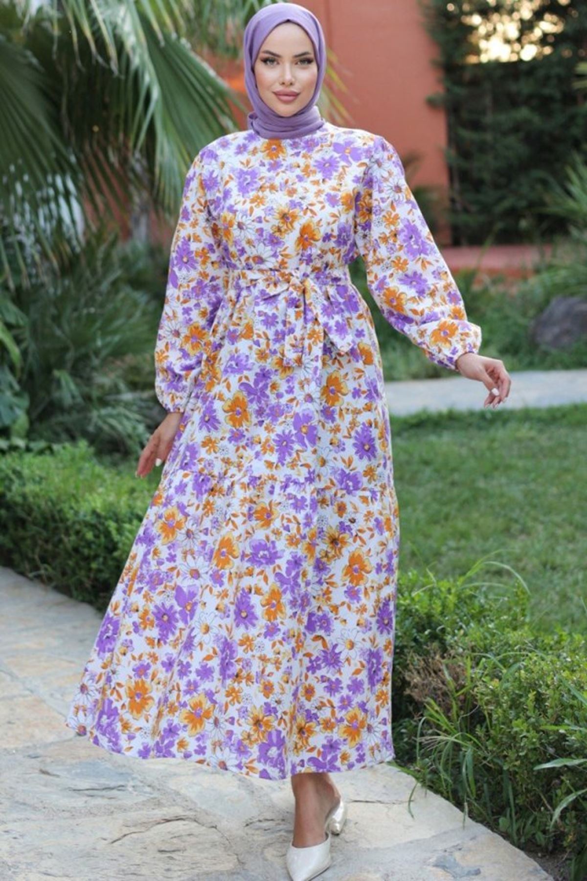 Kadın Uzun Çiçek Yaprak Desenli Belden Bağlamalı Elbise